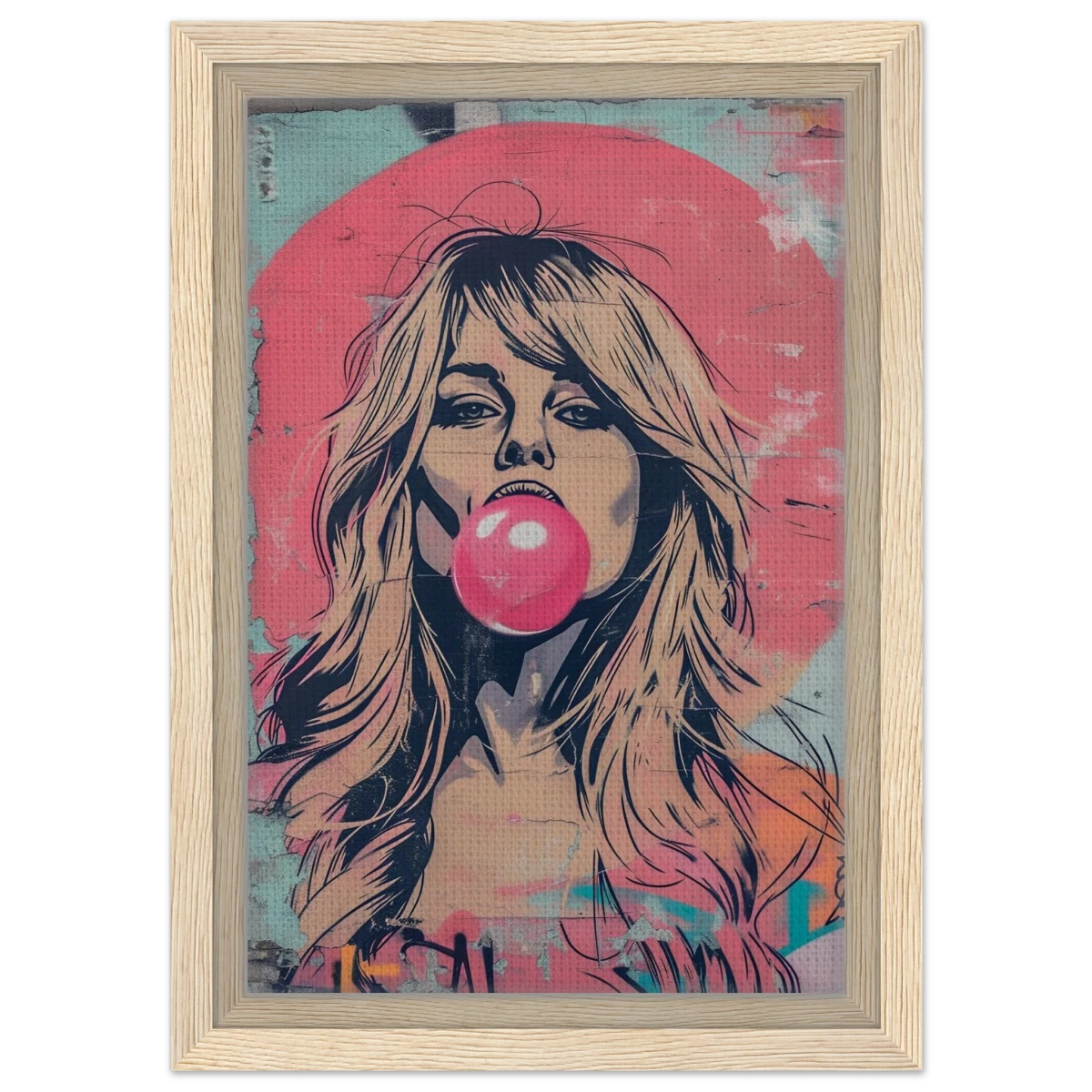 "Bubblegum Bardot" – Urban Pop Art Wall Print - Framed Canvas - 20x30 cm / 8x12″ - Wood frame