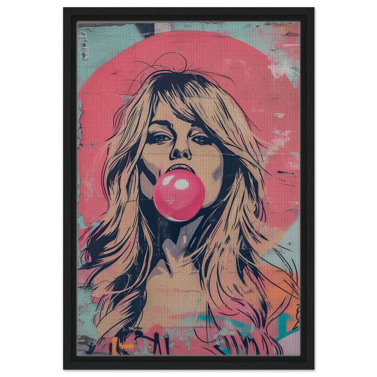 "Bubblegum Bardot" – Urban Pop Art Wall Print - Framed Canvas - 40x60 cm / 16x24″ - Black frame