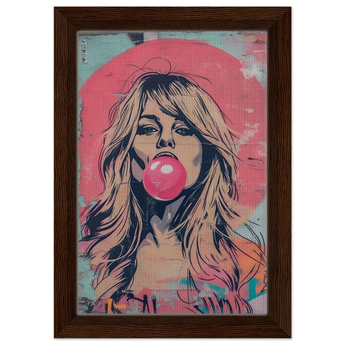 "Bubblegum Bardot" – Urban Pop Art Wall Print - Framed Canvas - 20x30 cm / 8x12″ - Dark wood frame