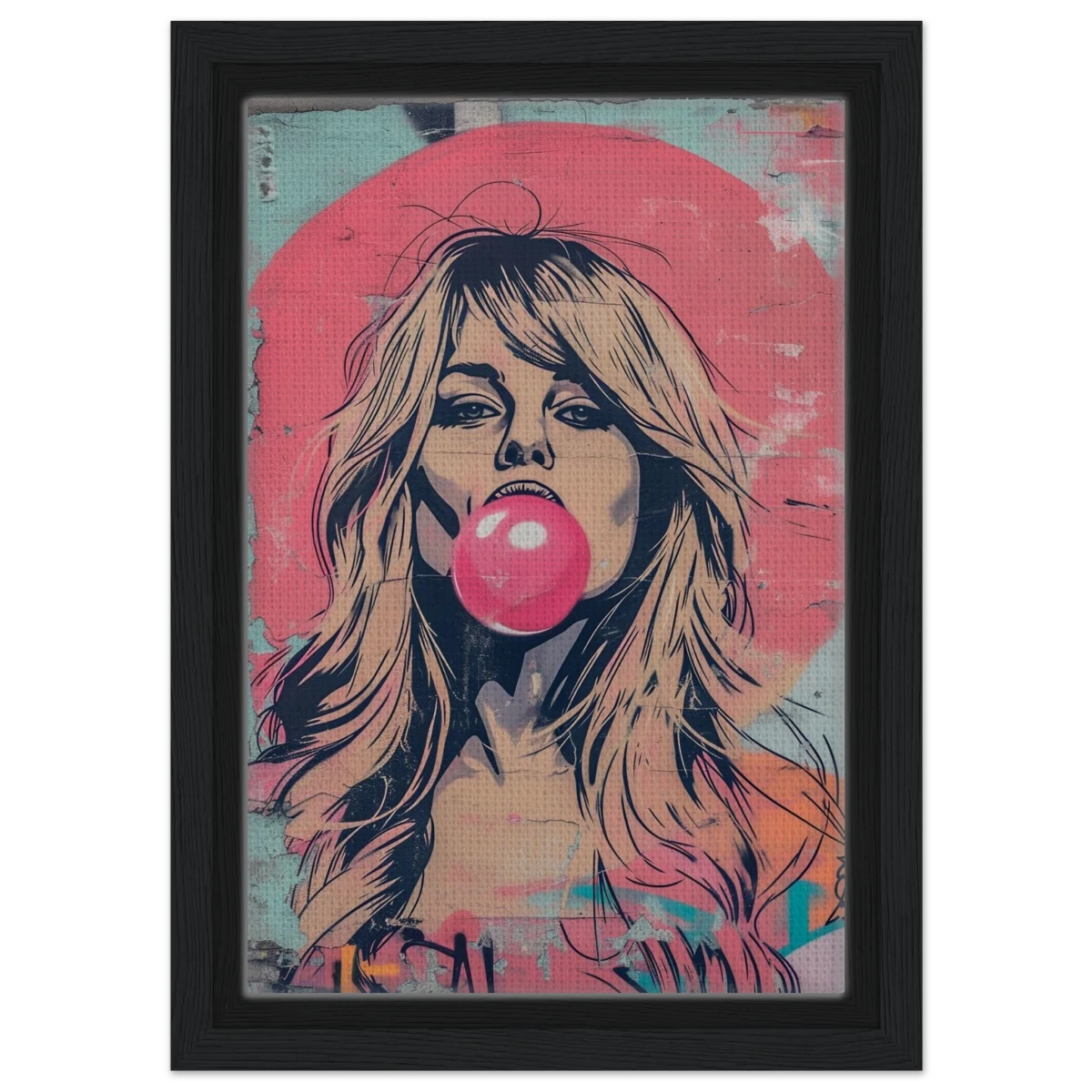 "Bubblegum Bardot" – Urban Pop Art Wall Print - Framed Canvas - 20x30 cm / 8x12″ - Black frame