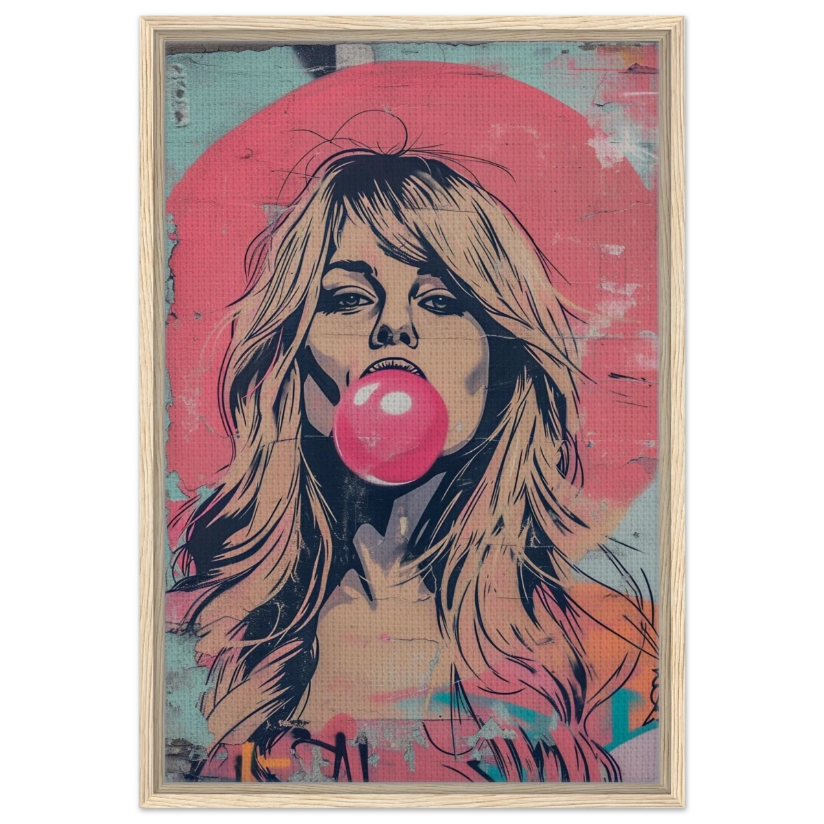 "Bubblegum Bardot" – Urban Pop Art Wall Print - Framed Canvas - 50x75 cm / 20x30″ - Wood frame