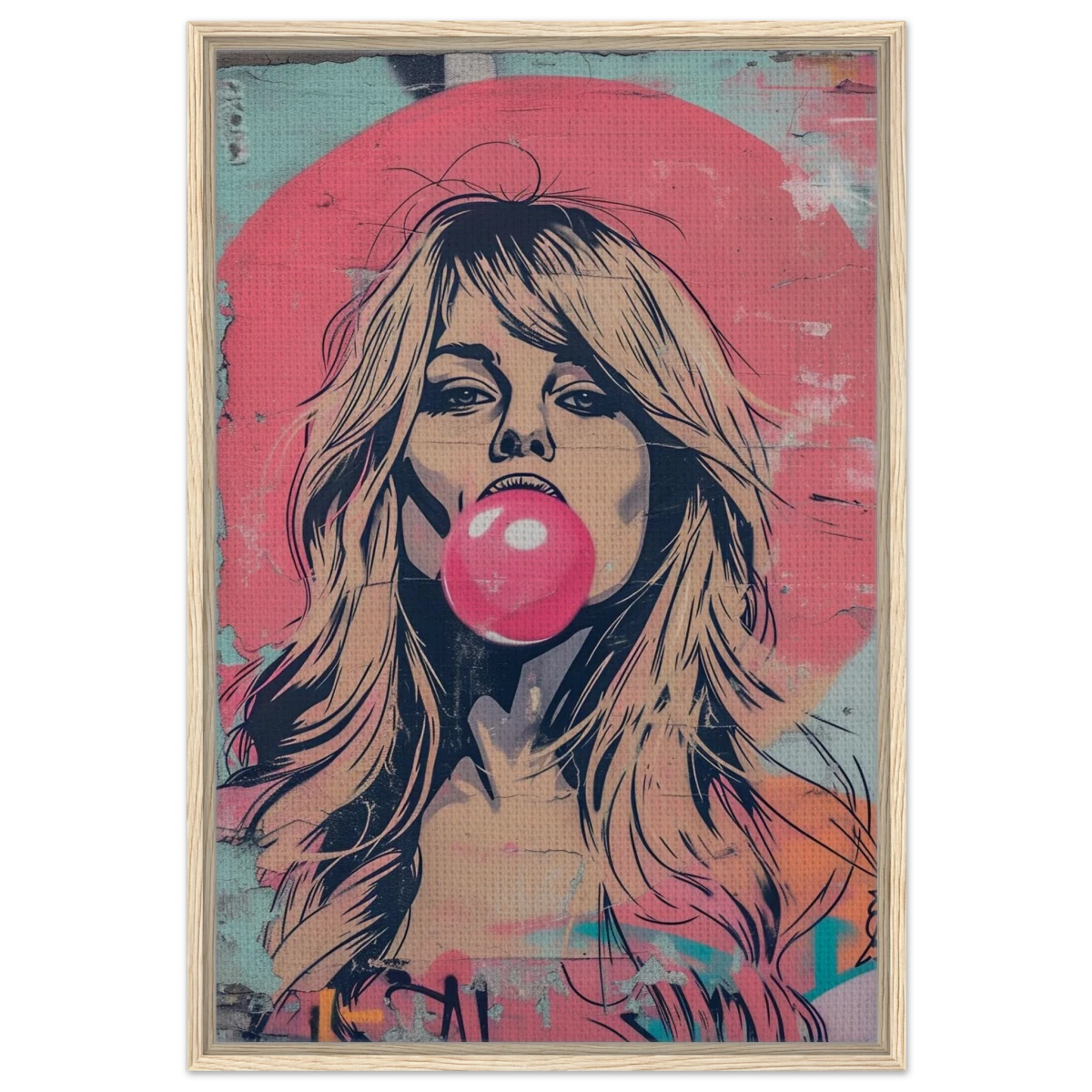 "Bubblegum Bardot" – Urban Pop Art Wall Print - Framed Canvas - 60x90 cm / 24x36″ - Wood frame