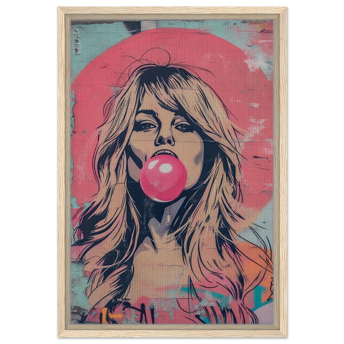 "Bubblegum Bardot" – Urban Pop Art Wall Print - Framed Canvas - 40x60 cm / 16x24″ - Wood frame