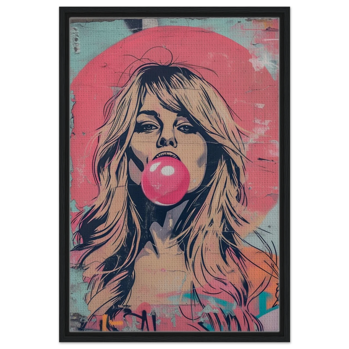 "Bubblegum Bardot" – Urban Pop Art Wall Print - Framed Canvas - 50x75 cm / 20x30″ - Black frame