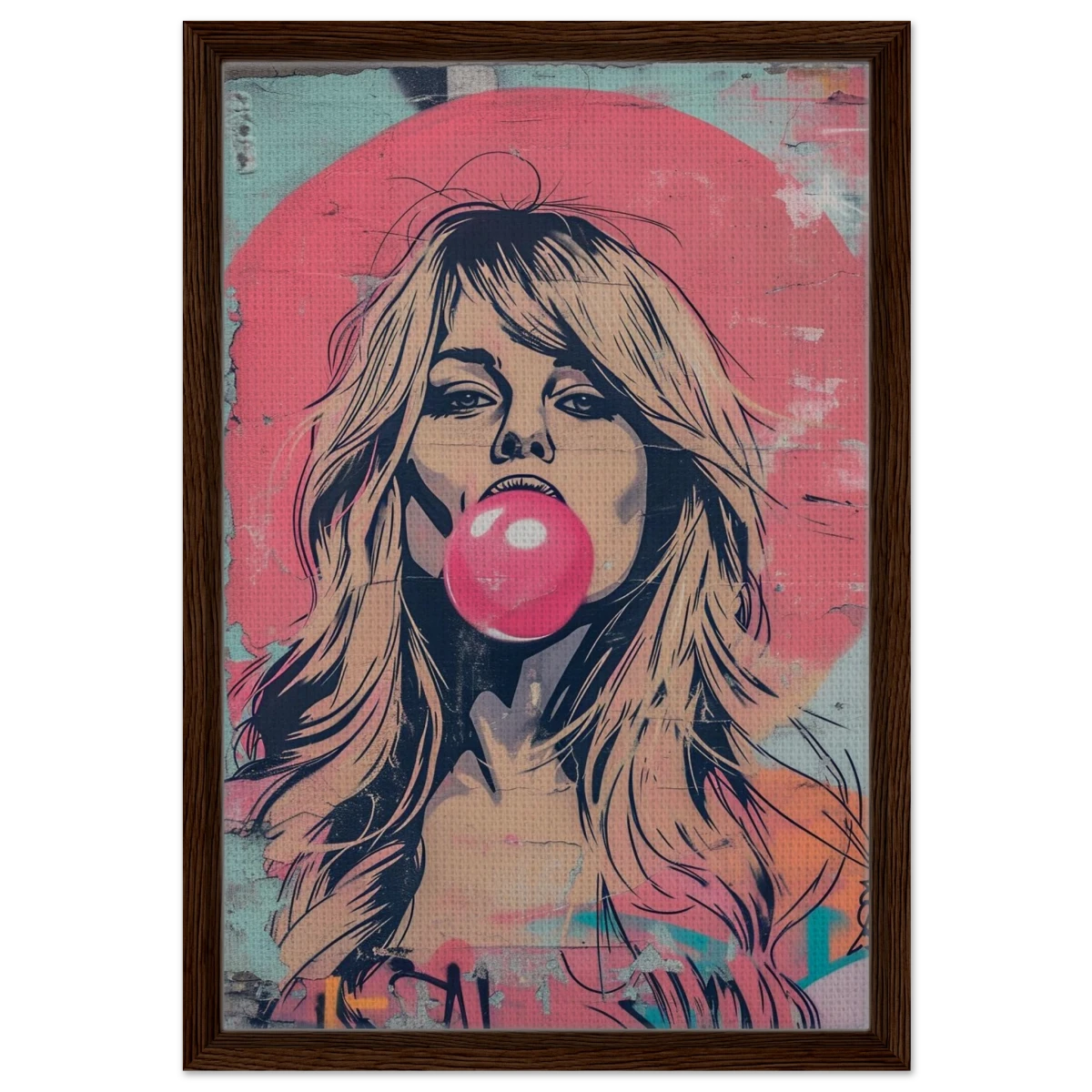 "Bubblegum Bardot" – Urban Pop Art Wall Print - Framed Canvas - 40x60 cm / 16x24″ - Dark wood frame