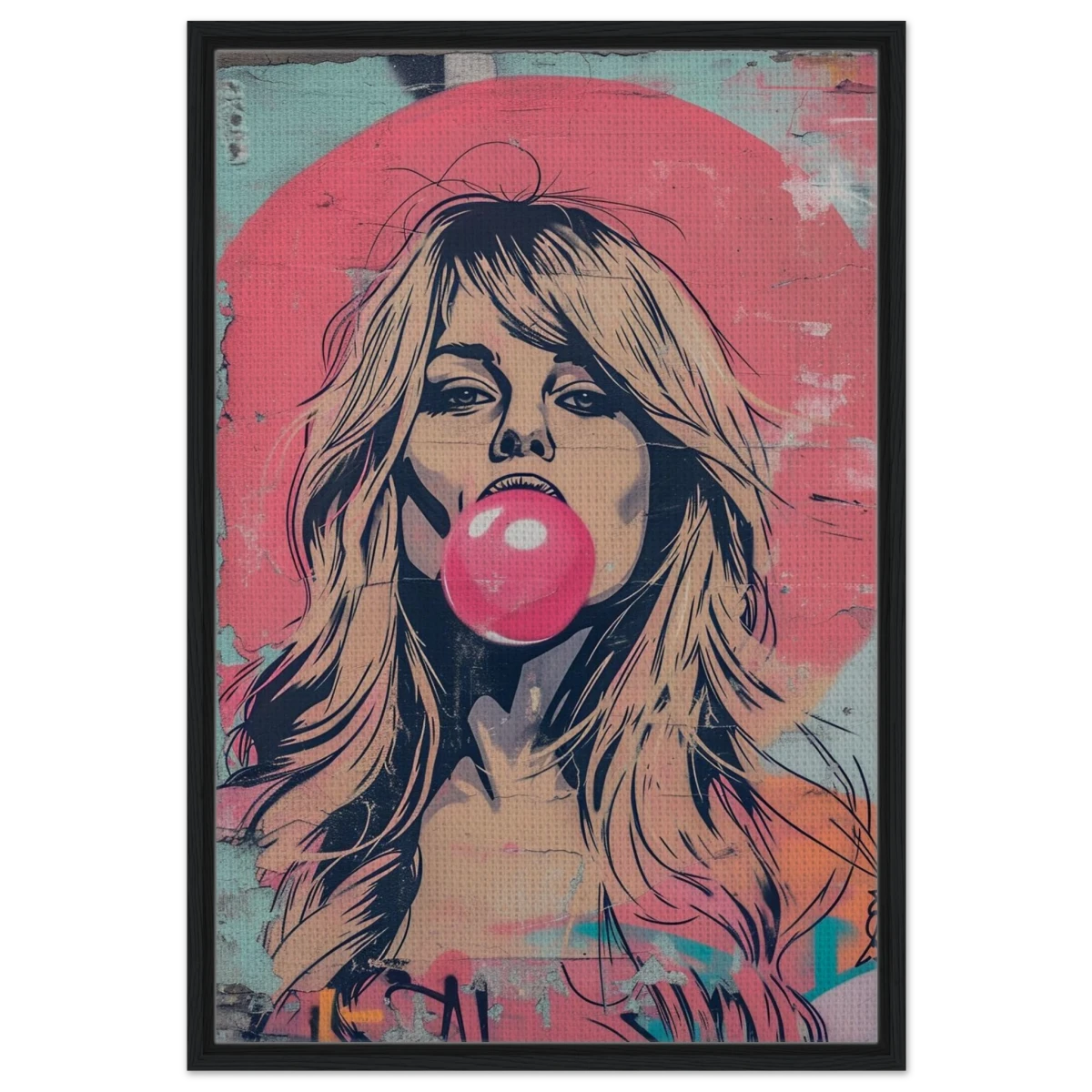 "Bubblegum Bardot" – Urban Pop Art Wall Print - Framed Canvas - 60x90 cm / 24x36″ - Black frame