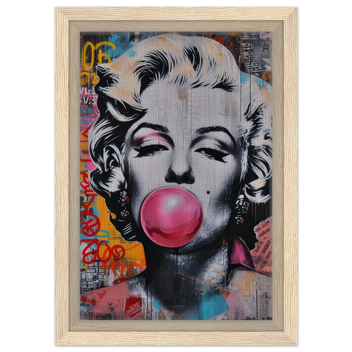 "Bubblegum Marilyn" – Pop Art Street Style Wall Print - Framed Canvas - 20x30 cm / 8x12″ - Wood frame