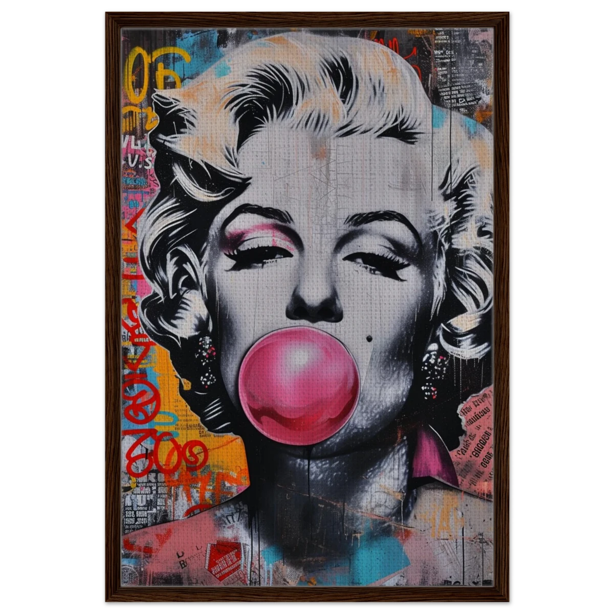 "Bubblegum Marilyn" – Pop Art Street Style Wall Print - Framed Canvas - 60x90 cm / 24x36″ - Dark wood frame