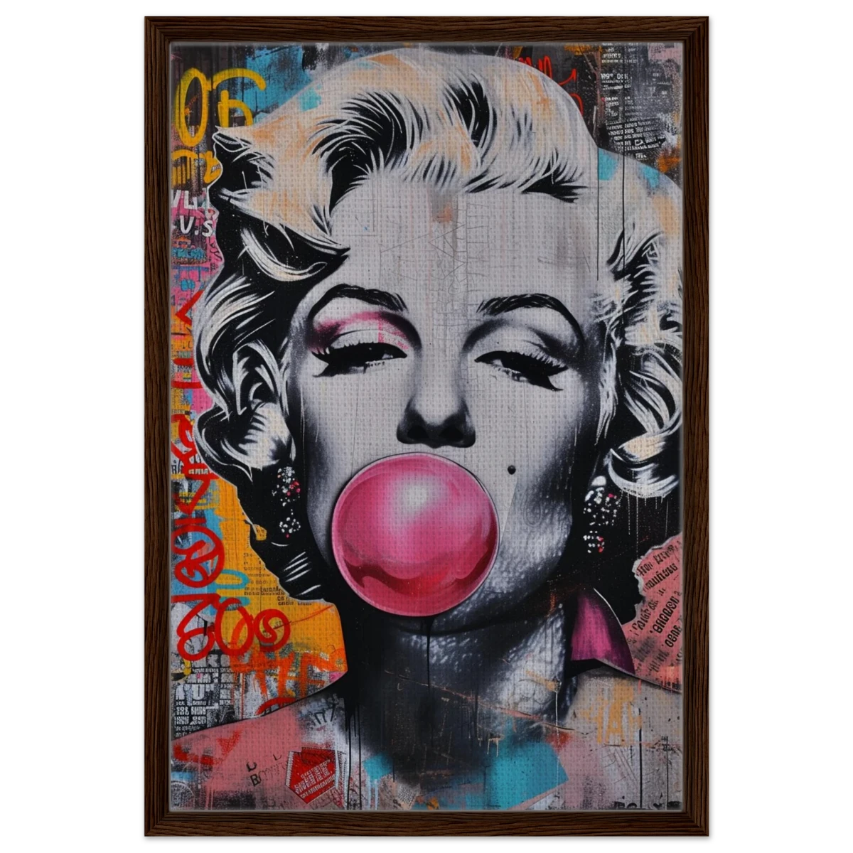 "Bubblegum Marilyn" – Pop Art Street Style Wall Print - Framed Canvas - 50x75 cm / 20x30″ - Dark wood frame