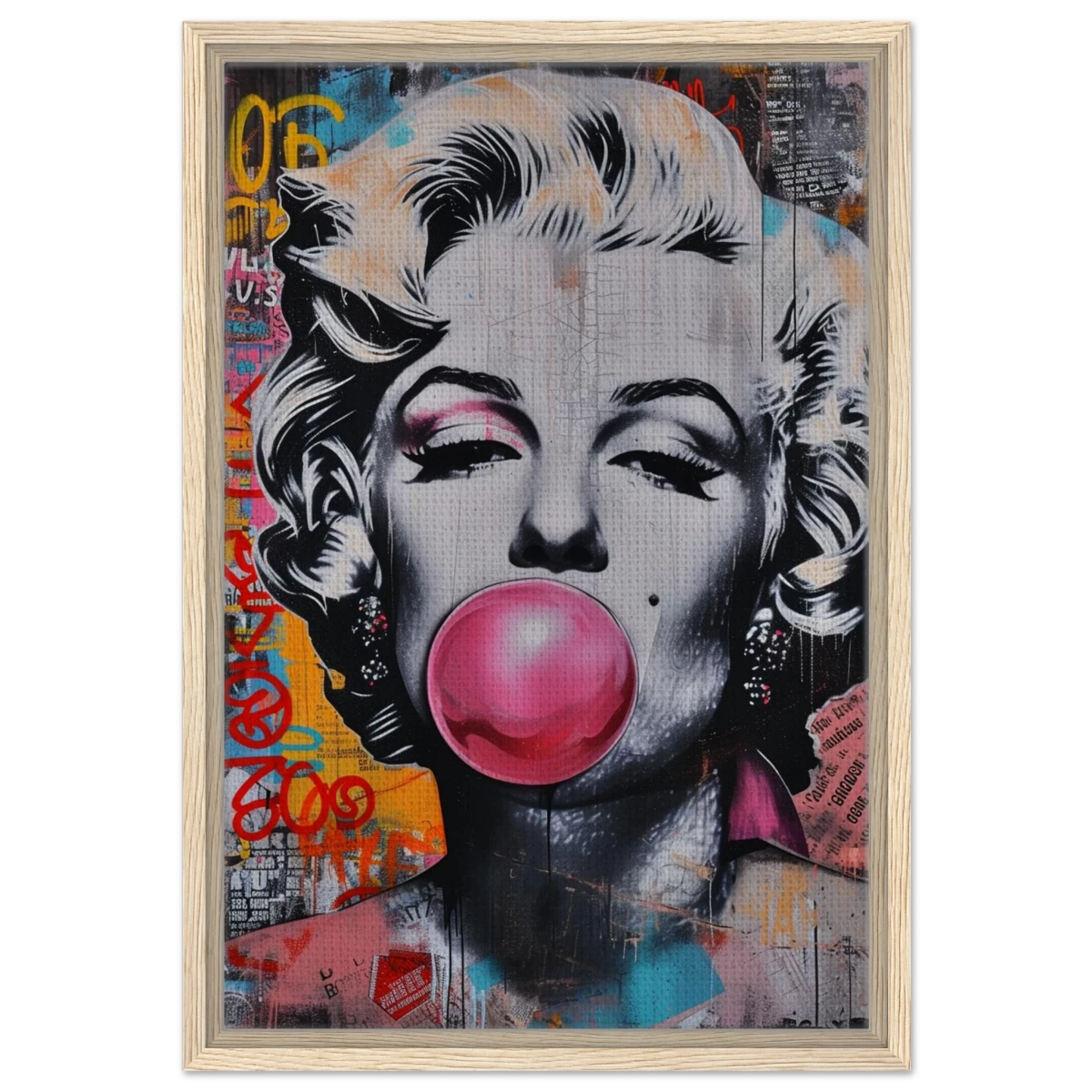 "Bubblegum Marilyn" – Pop Art Street Style Wall Print - Framed Canvas - 40x60 cm / 16x24″ - Wood frame