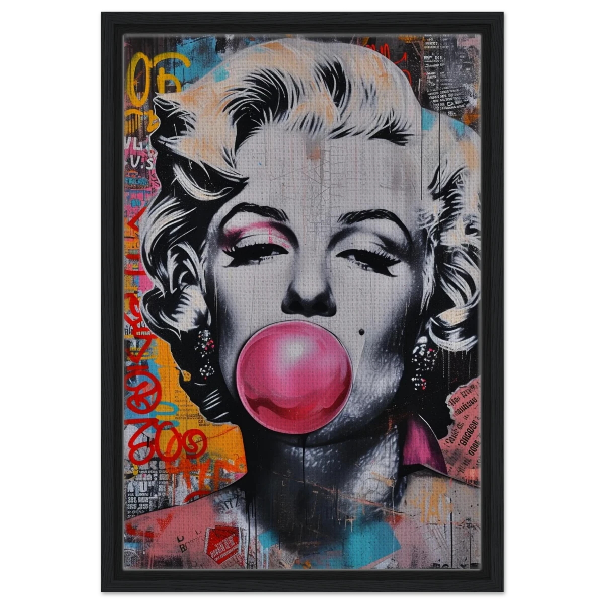 "Bubblegum Marilyn" – Pop Art Street Style Wall Print - Framed Canvas - 40x60 cm / 16x24″ - Black frame