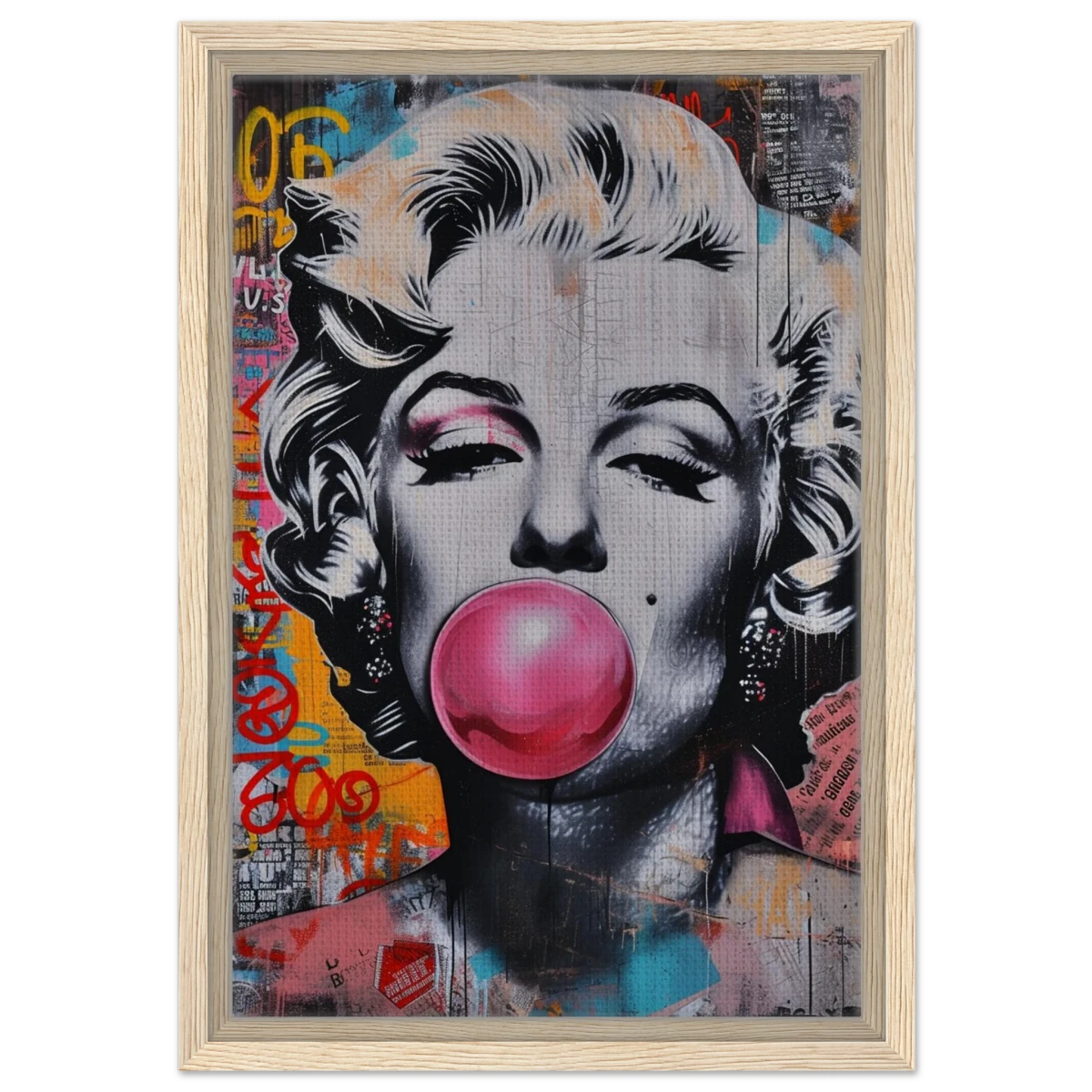 "Bubblegum Marilyn" – Pop Art Street Style Wall Print - Framed Canvas - 30x45 cm / 12x18″ - Wood frame