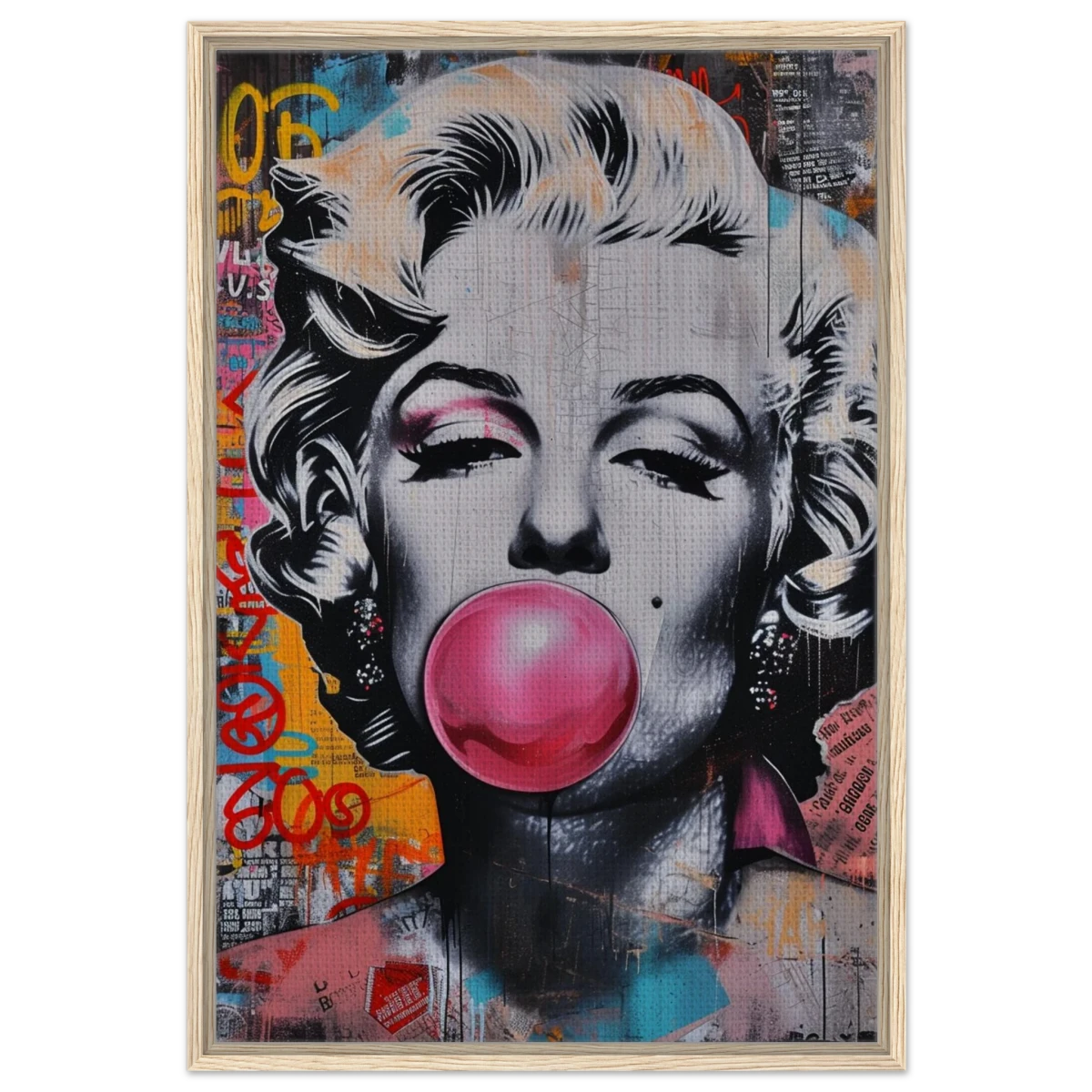 "Bubblegum Marilyn" – Pop Art Street Style Wall Print - Framed Canvas - 60x90 cm / 24x36″ - Wood frame