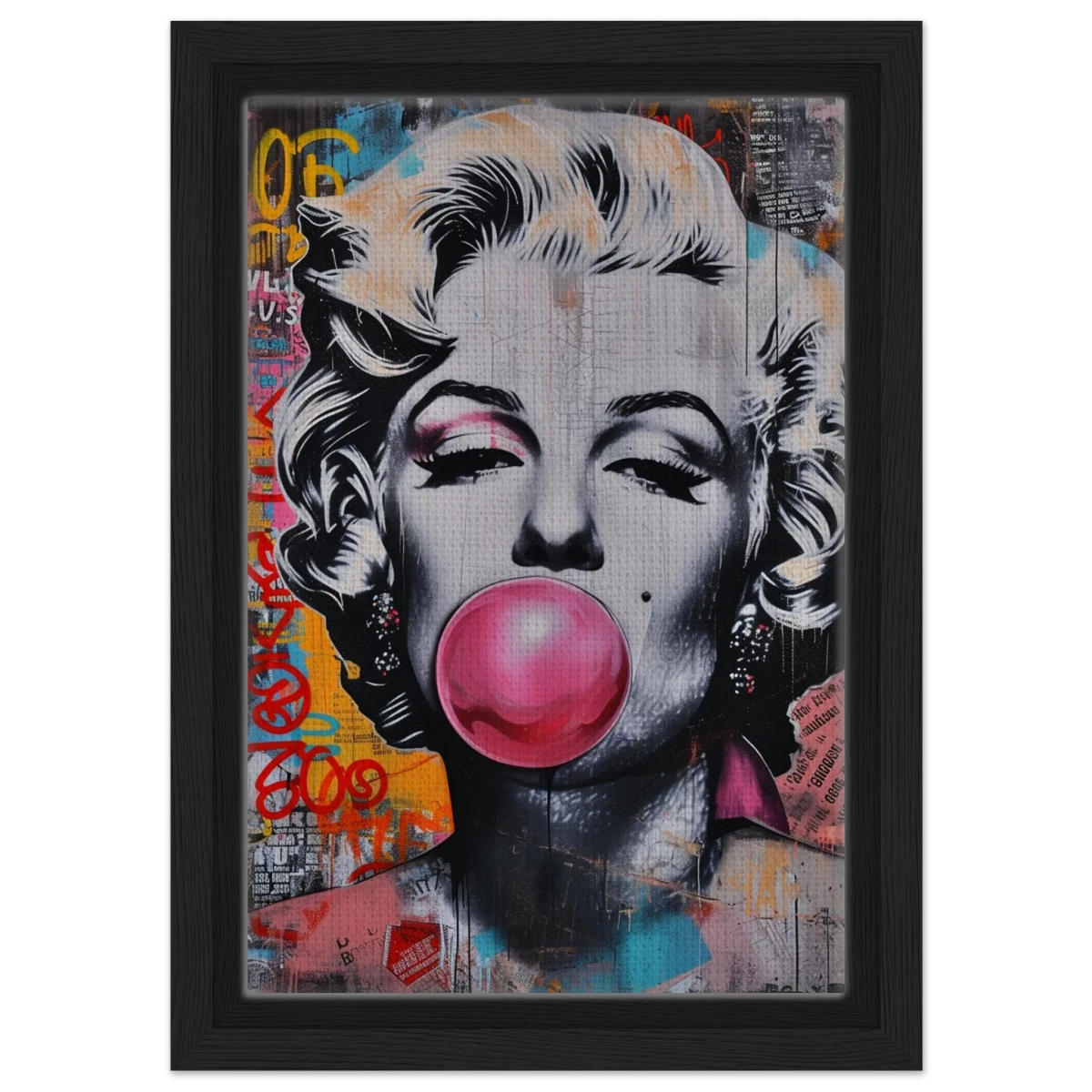 "Bubblegum Marilyn" – Pop Art Street Style Wall Print - Framed Canvas - 20x30 cm / 8x12″ - Black frame