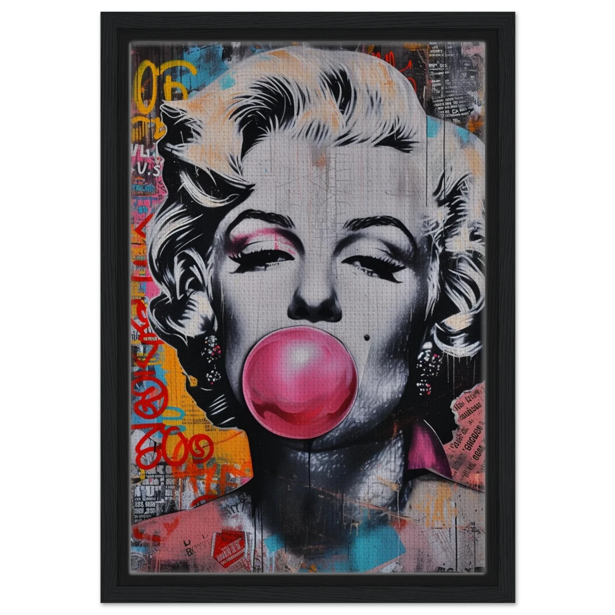 "Bubblegum Marilyn" – Pop Art Street Style Wall Print - Framed Canvas - 30x45 cm / 12x18″ - Black frame