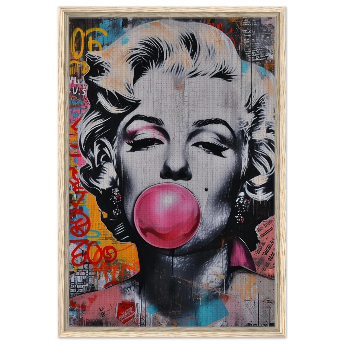 "Bubblegum Marilyn" – Pop Art Street Style Wall Print - Framed Canvas - 50x75 cm / 20x30″ - Wood frame