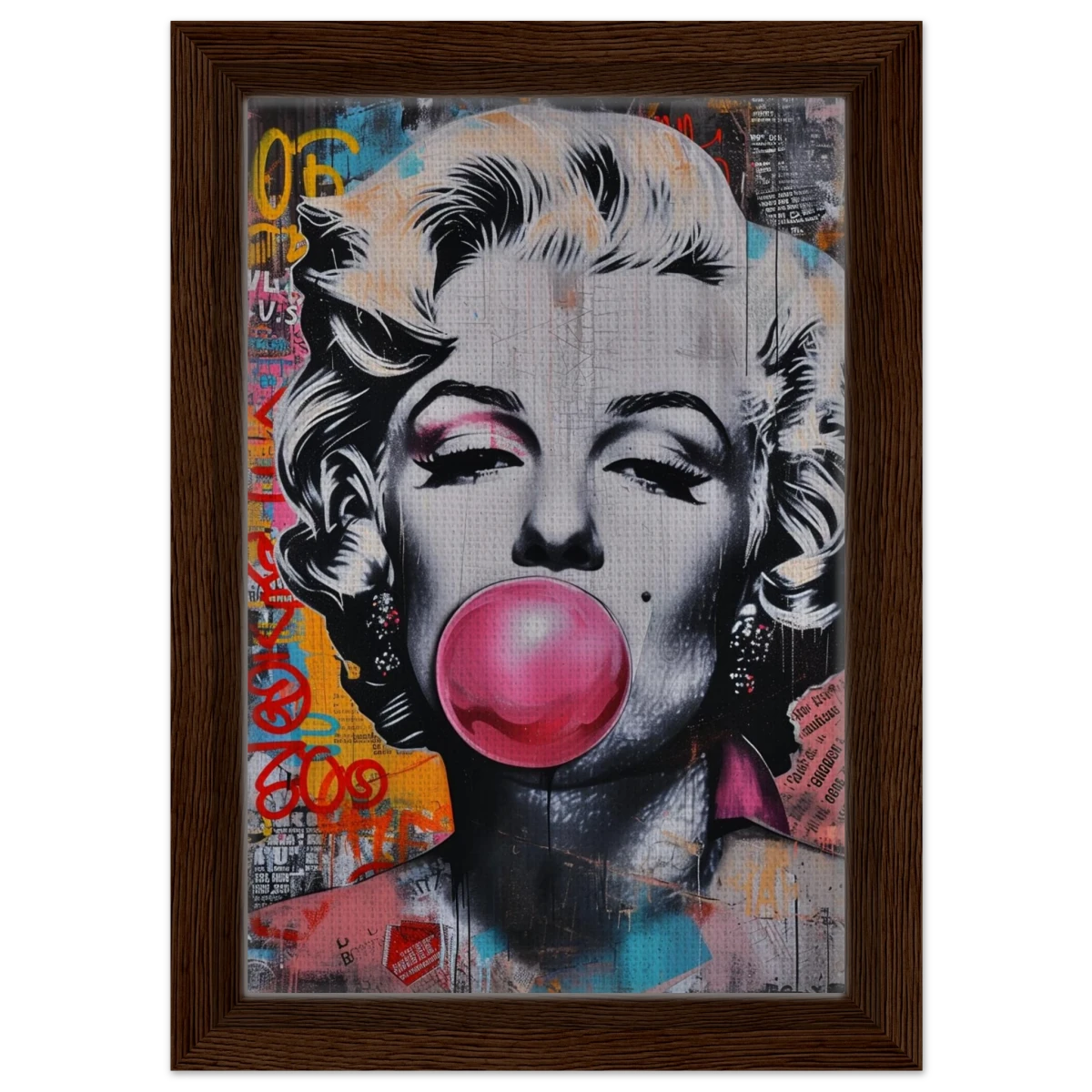 "Bubblegum Marilyn" – Pop Art Street Style Wall Print - Framed Canvas - 20x30 cm / 8x12″ - Dark wood frame