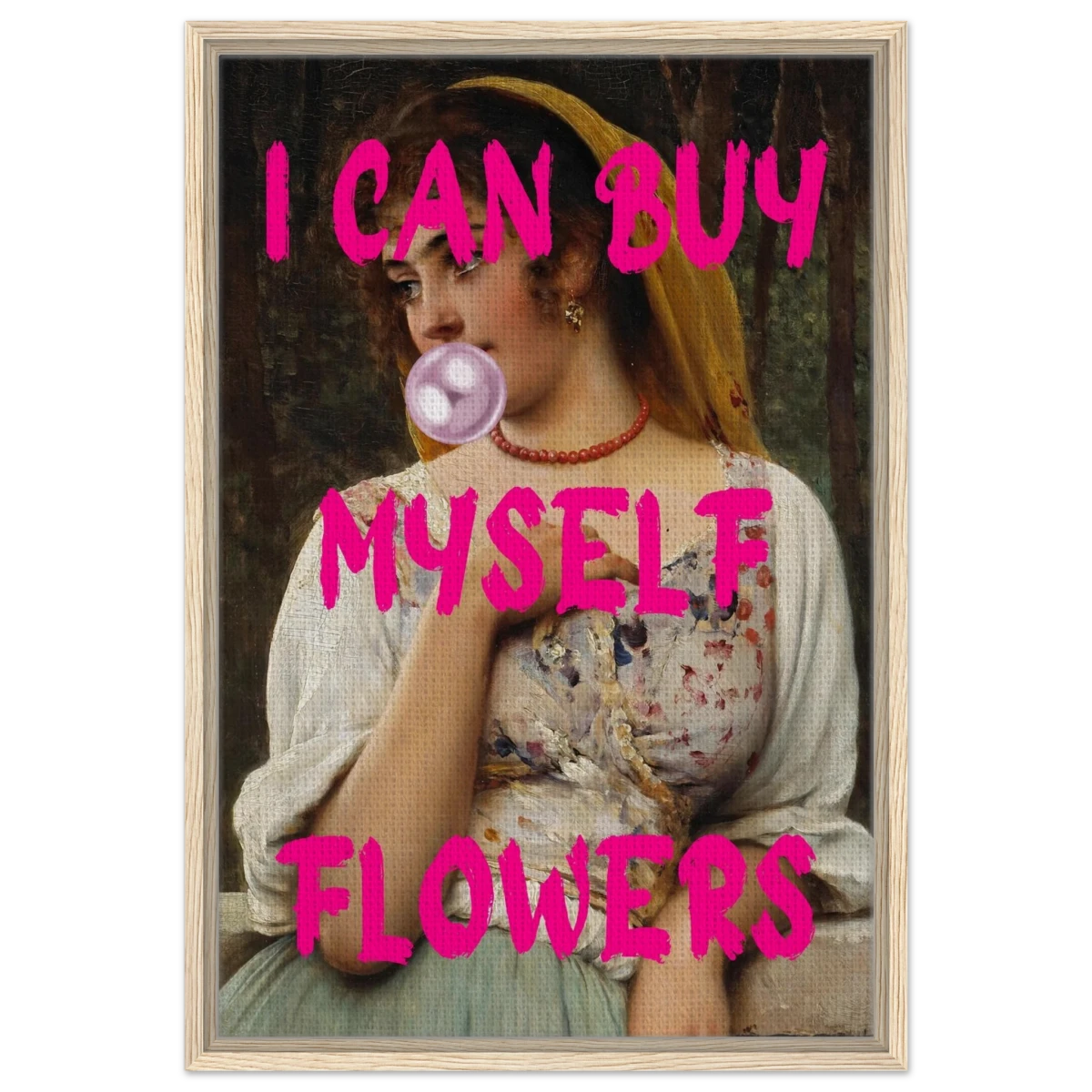 "Bubblegum Venus – I Can Buy Myself Flowers" | Pop Art Renaissance Remix - Framed Canvas - 50x75 cm / 20x30″ - Wood frame
