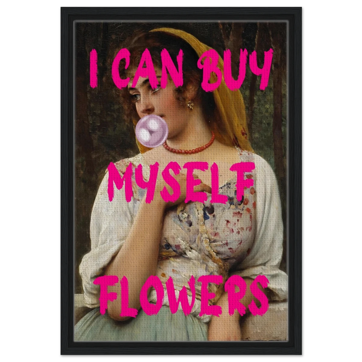 "Bubblegum Venus – I Can Buy Myself Flowers" | Pop Art Renaissance Remix - Framed Canvas - 40x60 cm / 16x24″ - Black frame