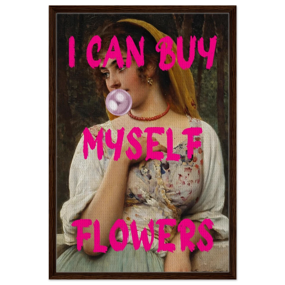 "Bubblegum Venus – I Can Buy Myself Flowers" | Pop Art Renaissance Remix - Framed Canvas - 60x90 cm / 24x36″ - Dark wood frame