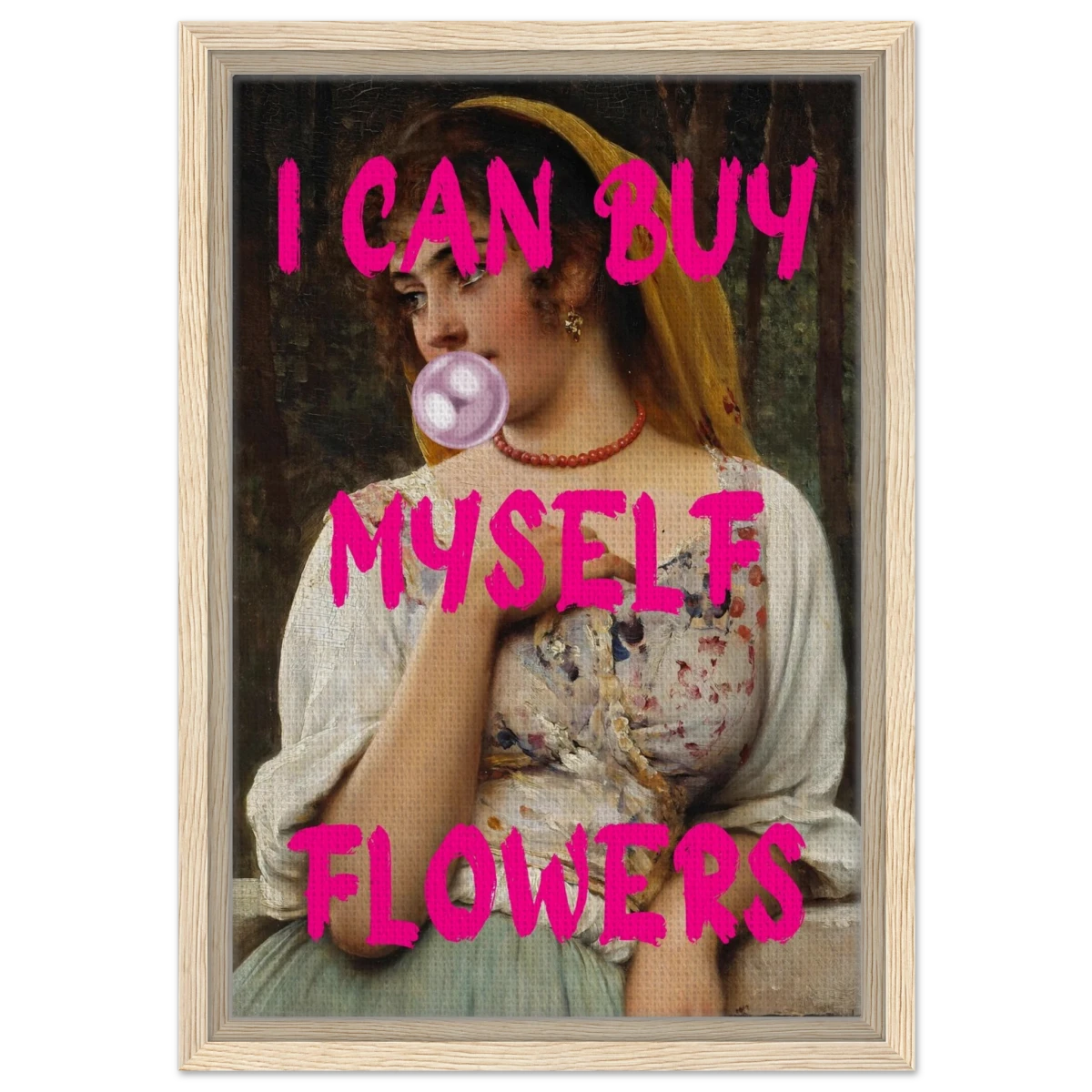 "Bubblegum Venus – I Can Buy Myself Flowers" | Pop Art Renaissance Remix - Framed Canvas - 30x45 cm / 12x18″ - Wood frame