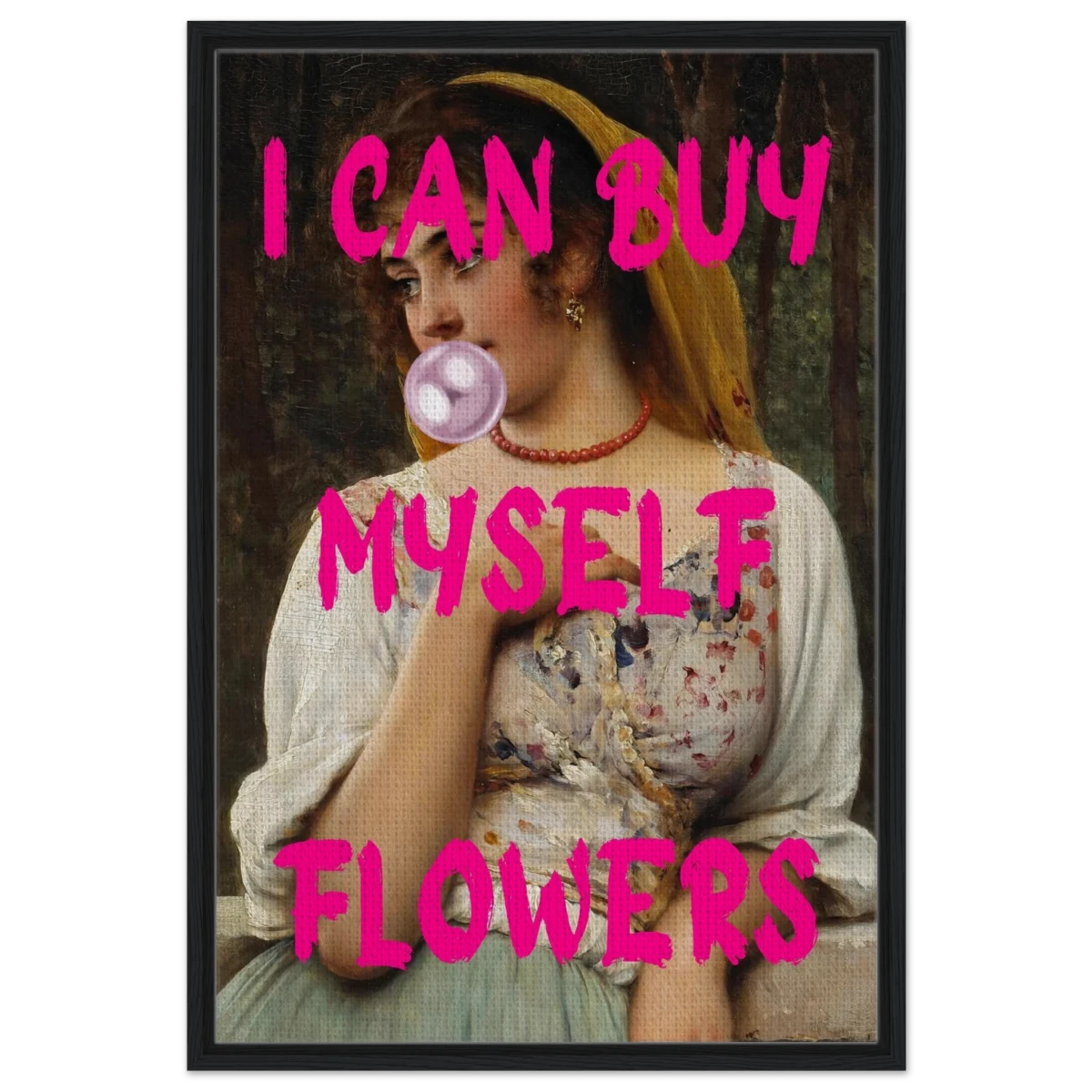 "Bubblegum Venus – I Can Buy Myself Flowers" | Pop Art Renaissance Remix - Framed Canvas - 60x90 cm / 24x36″ - Black frame