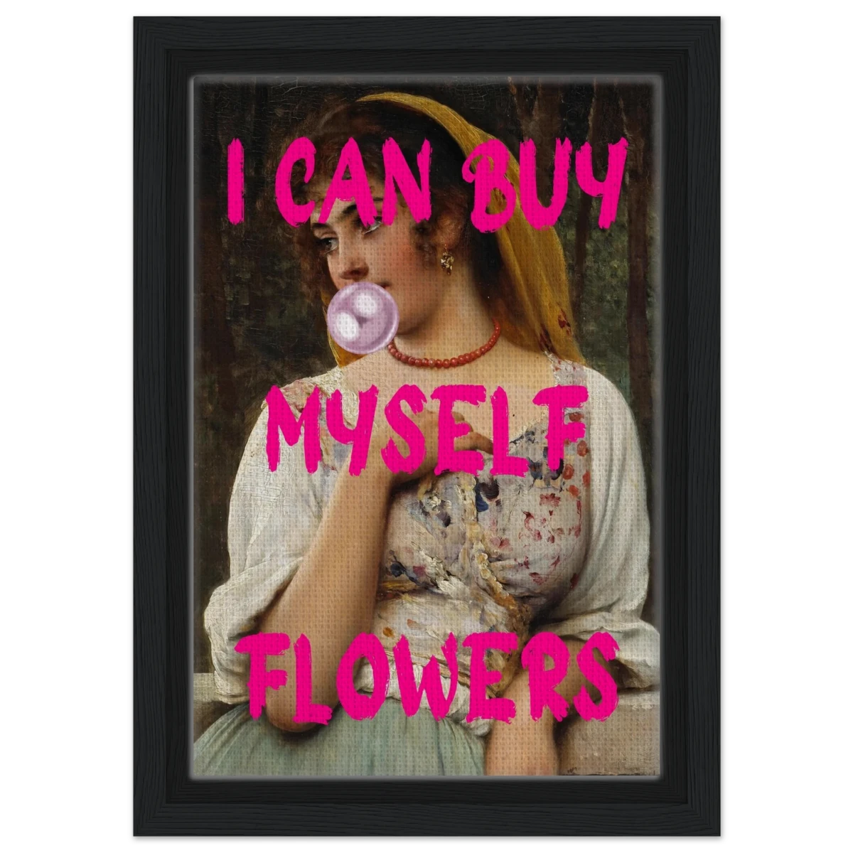 "Bubblegum Venus – I Can Buy Myself Flowers" | Pop Art Renaissance Remix - Framed Canvas - 20x30 cm / 8x12″ - Black frame