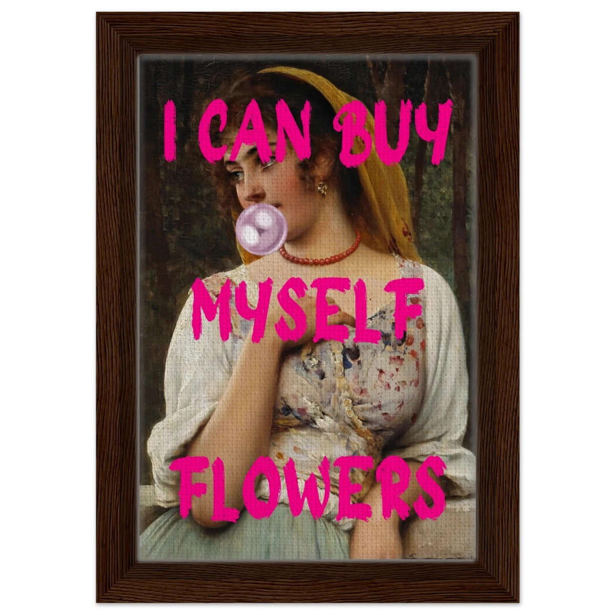 "Bubblegum Venus – I Can Buy Myself Flowers" | Pop Art Renaissance Remix - Framed Canvas - 20x30 cm / 8x12″ - Dark wood frame