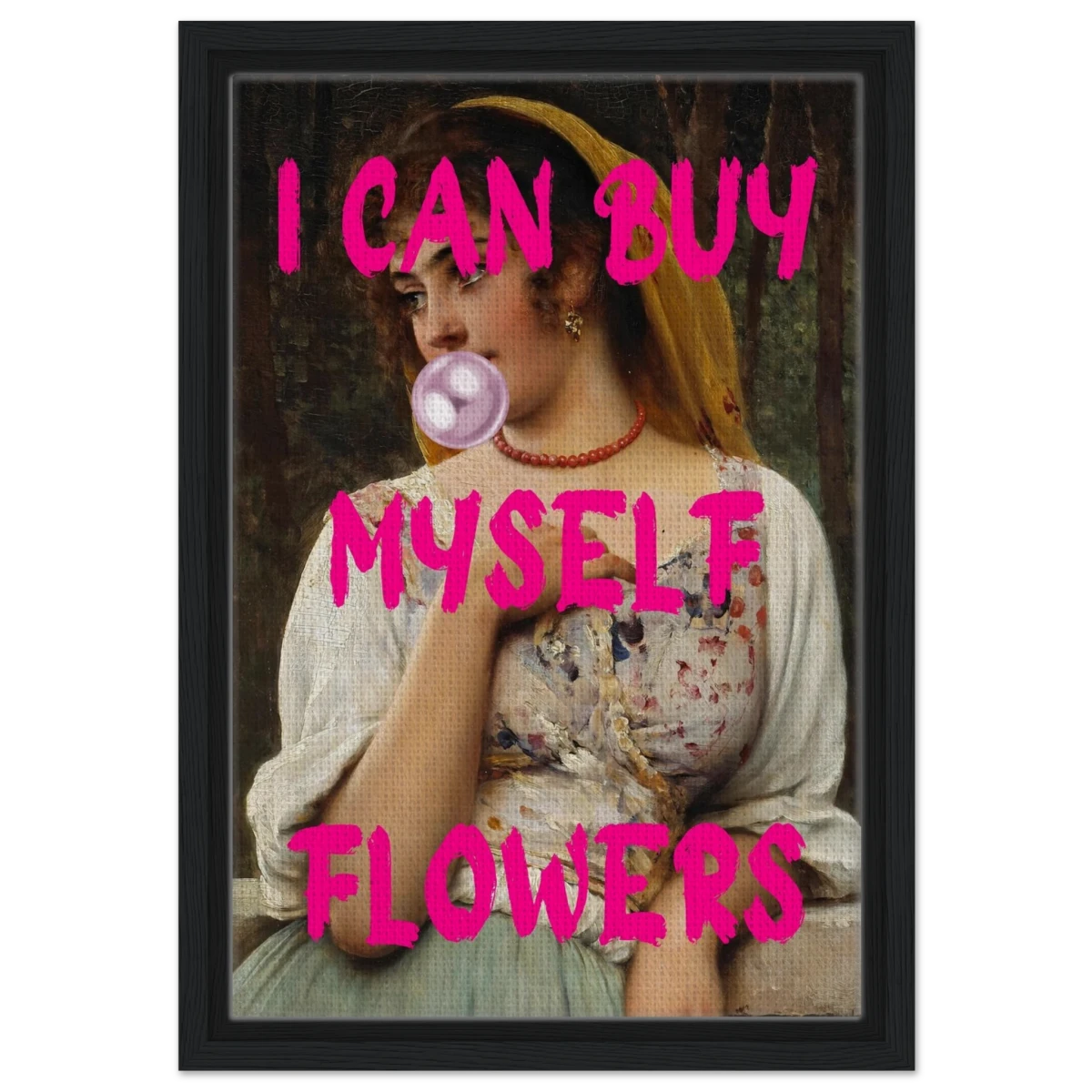 "Bubblegum Venus – I Can Buy Myself Flowers" | Pop Art Renaissance Remix - Framed Canvas - 30x45 cm / 12x18″ - Black frame