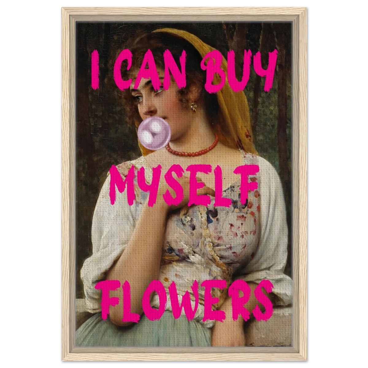 "Bubblegum Venus – I Can Buy Myself Flowers" | Pop Art Renaissance Remix - Framed Canvas - 40x60 cm / 16x24″ - Wood frame