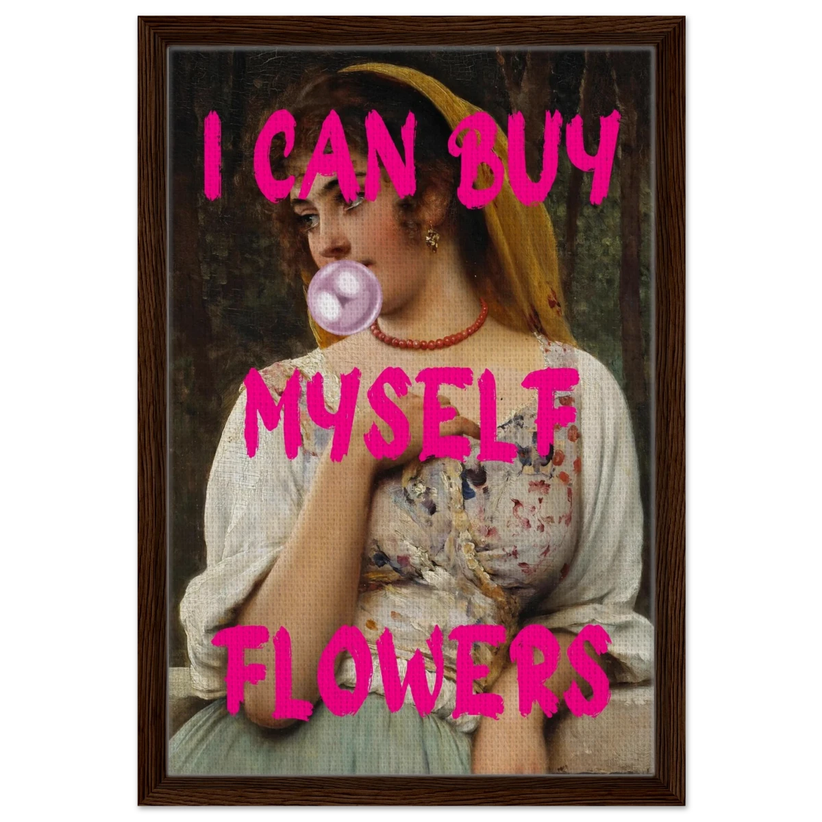 "Bubblegum Venus – I Can Buy Myself Flowers" | Pop Art Renaissance Remix - Framed Canvas - 40x60 cm / 16x24″ - Dark wood frame