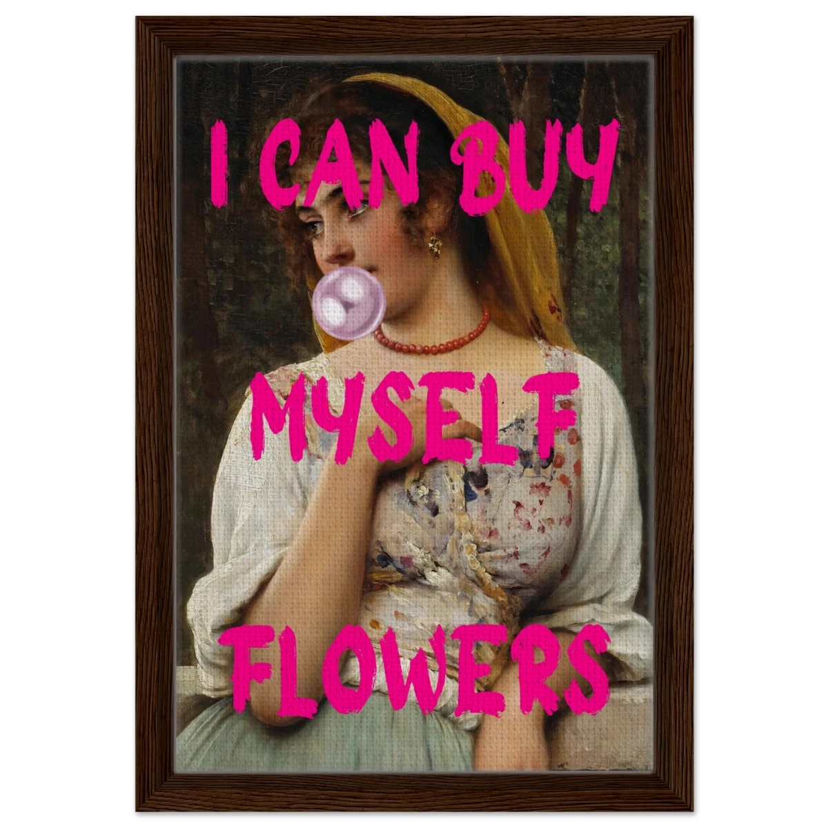 "Bubblegum Venus – I Can Buy Myself Flowers" | Pop Art Renaissance Remix - Framed Canvas - 30x45 cm / 12x18″ - Dark wood frame