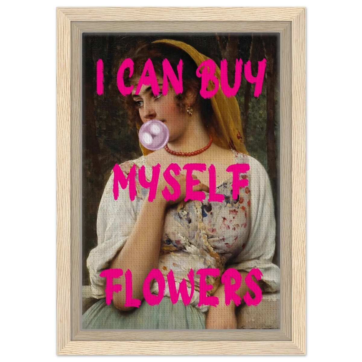 "Bubblegum Venus – I Can Buy Myself Flowers" | Pop Art Renaissance Remix - Framed Canvas - 20x30 cm / 8x12″ - Wood frame