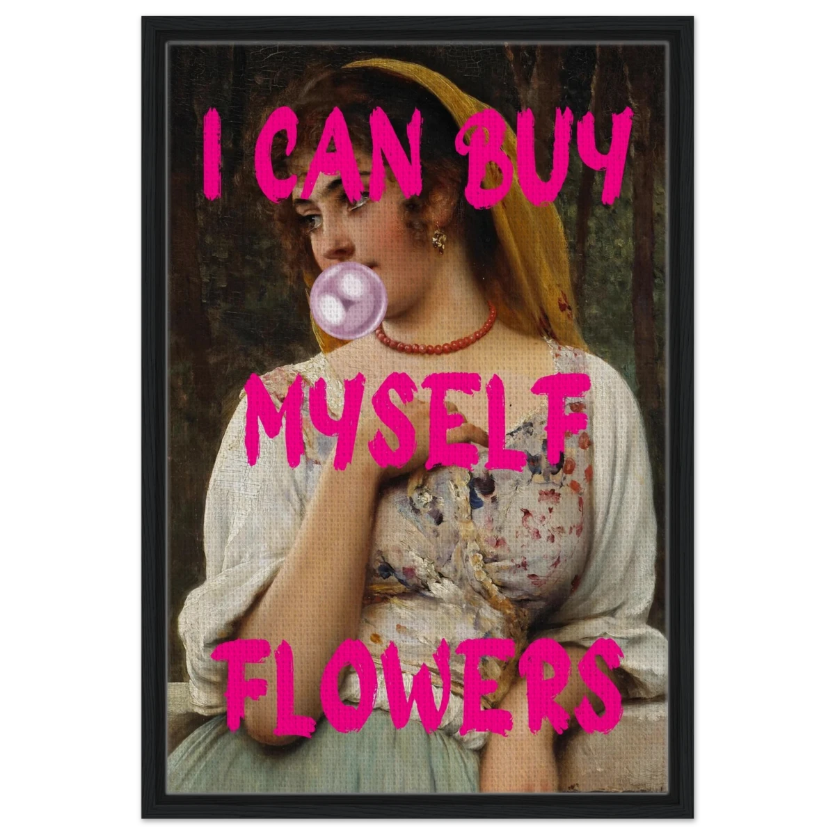 "Bubblegum Venus – I Can Buy Myself Flowers" | Pop Art Renaissance Remix - Framed Canvas - 50x75 cm / 20x30″ - Black frame