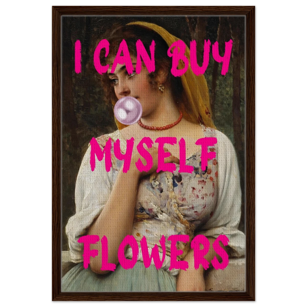 "Bubblegum Venus – I Can Buy Myself Flowers" | Pop Art Renaissance Remix - Framed Canvas - 50x75 cm / 20x30″ - Dark wood frame