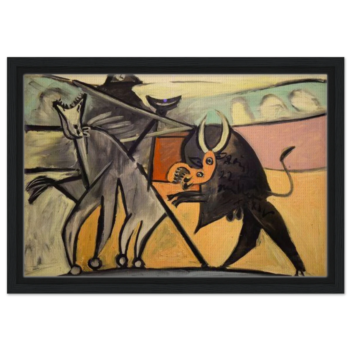 Bullfight | Pablo Picasso – A Masterpiece of Cubism & Expressionism - 30x45 cm / 12x18″ - Framed Canvas - Black frame