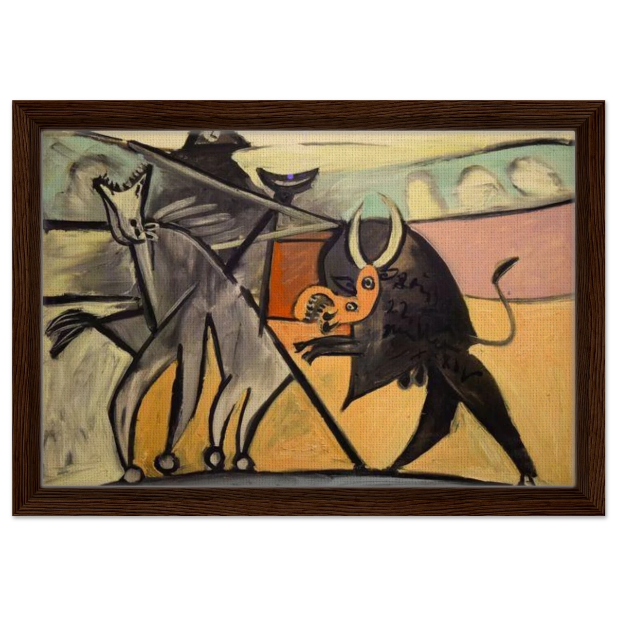 Bullfight | Pablo Picasso – A Masterpiece of Cubism & Expressionism - 30x45 cm / 12x18″ - Framed Canvas - Dark wood frame