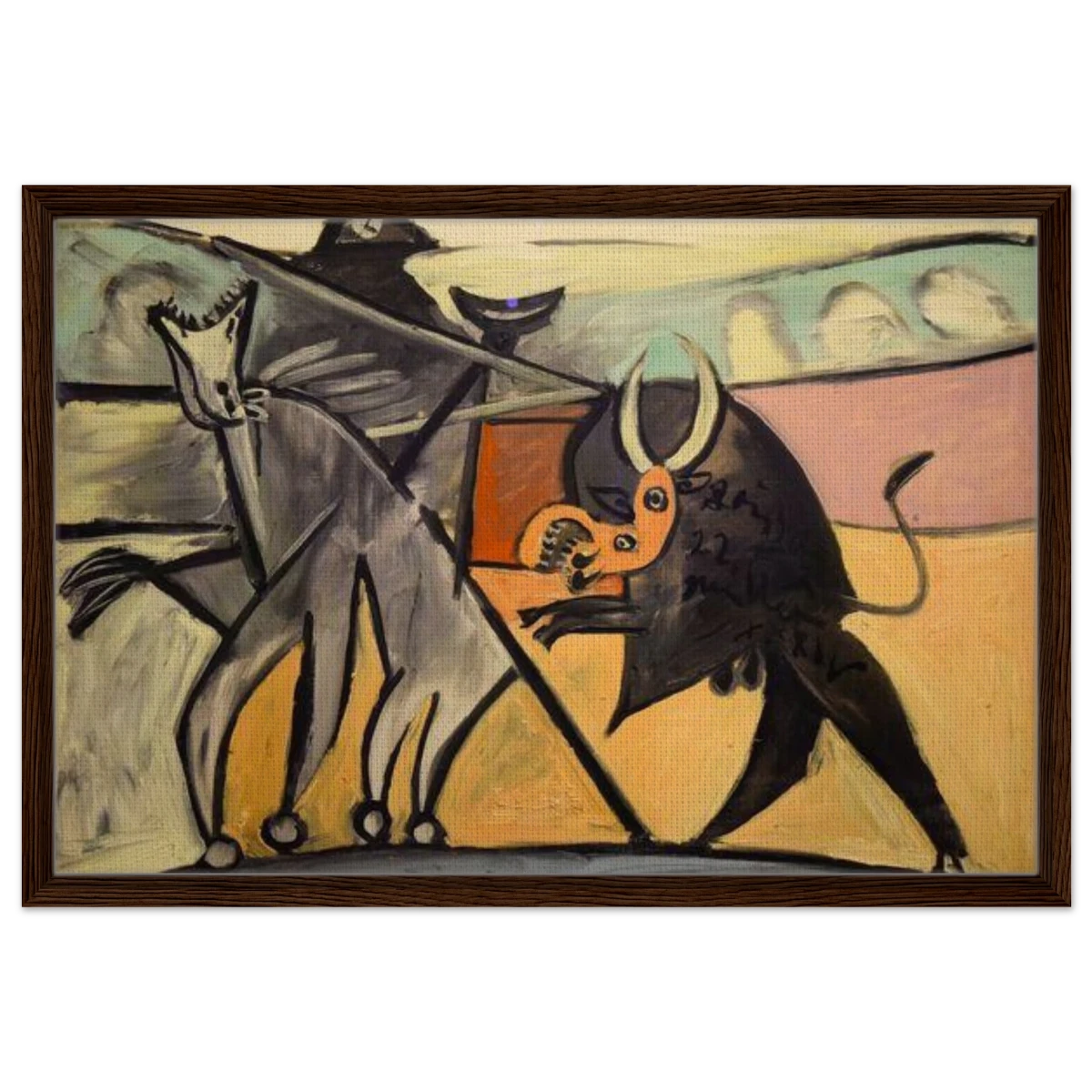 Bullfight | Pablo Picasso – A Masterpiece of Cubism & Expressionism - 50x75 cm / 20x30″ - Framed Canvas - Dark wood frame
