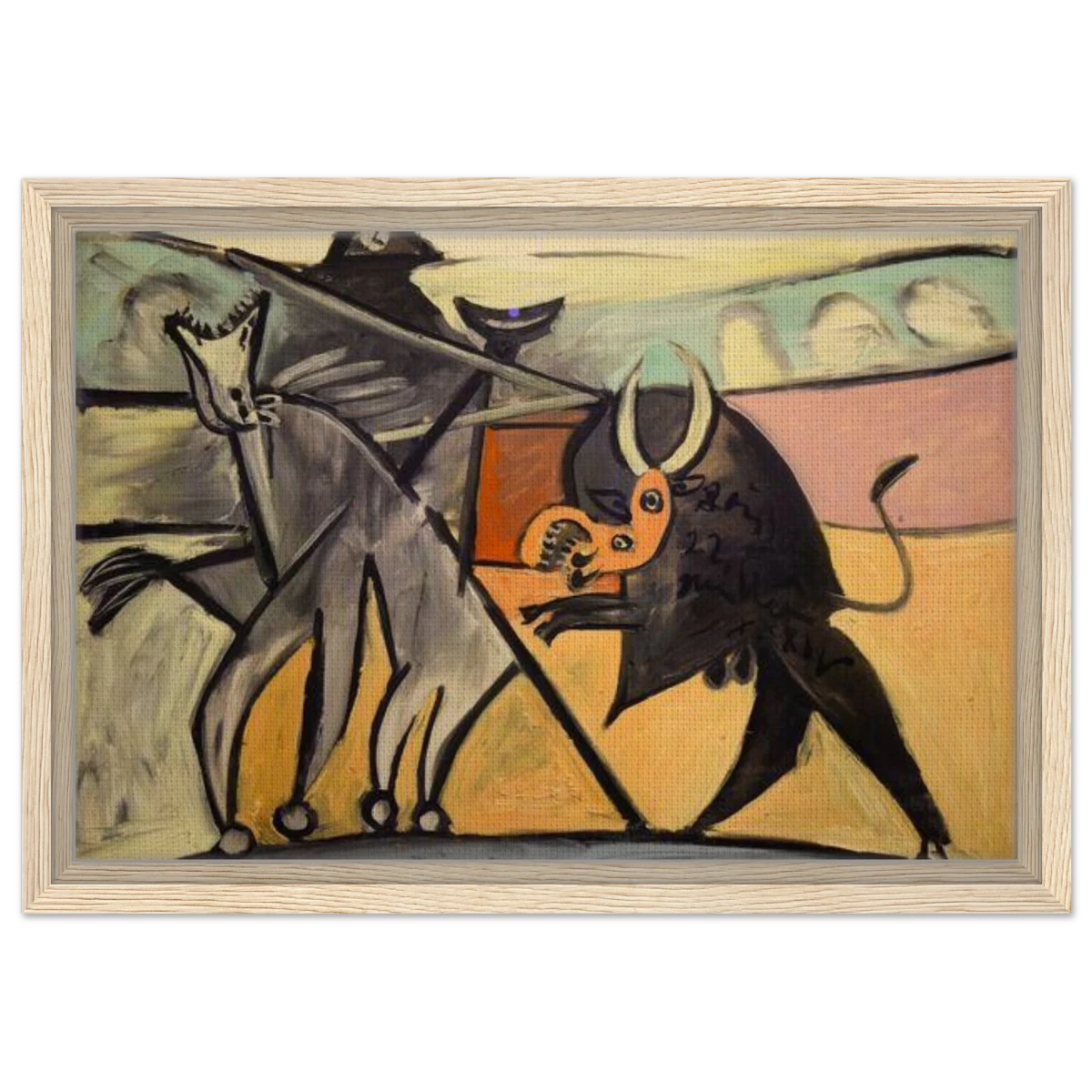 Bullfight | Pablo Picasso – A Masterpiece of Cubism & Expressionism - 30x45 cm / 12x18″ - Framed Canvas - Wood frame