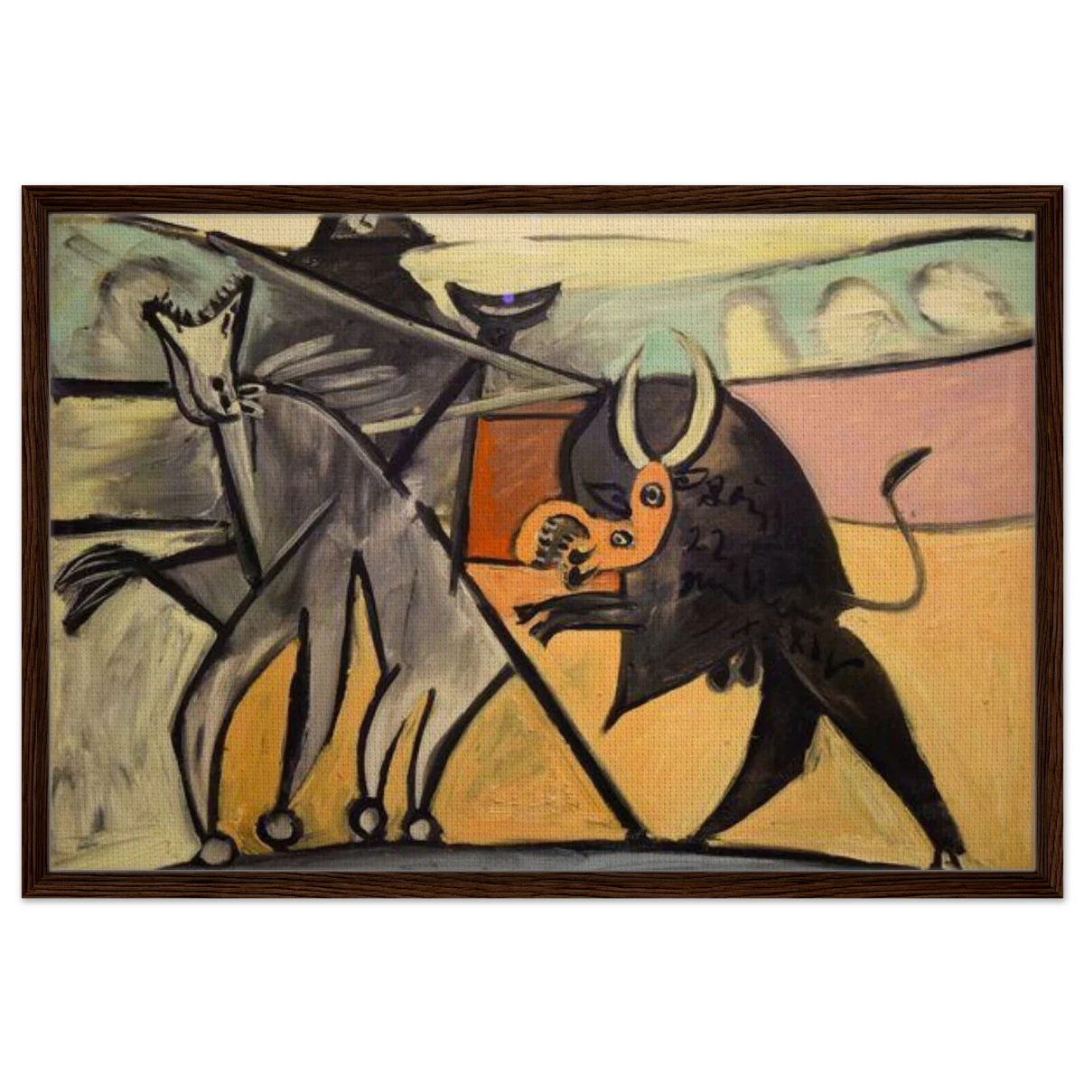 Bullfight | Pablo Picasso – A Masterpiece of Cubism & Expressionism - 60x90 cm / 24x36″ - Framed Canvas - Dark wood frame