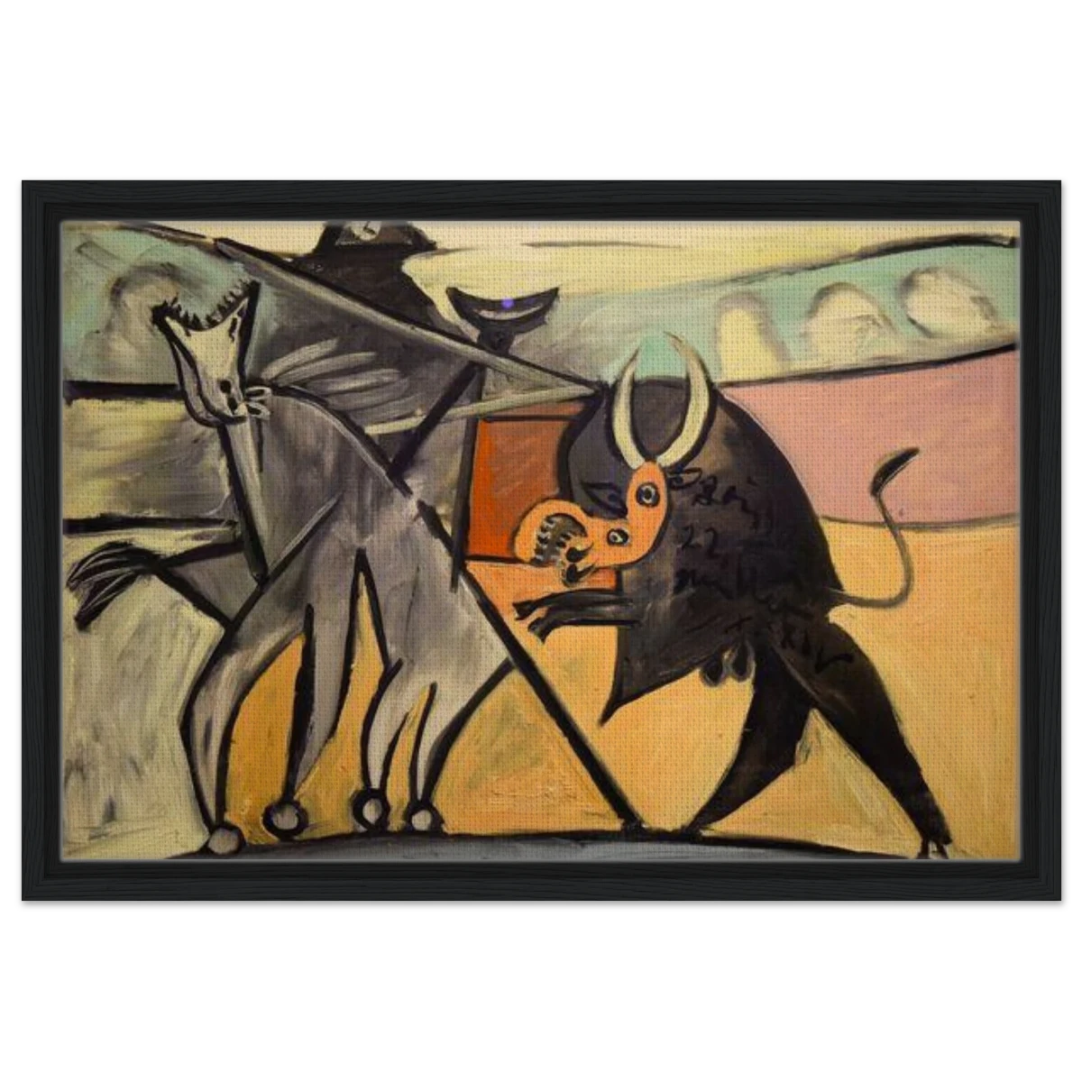 Bullfight | Pablo Picasso – A Masterpiece of Cubism & Expressionism - 40x60 cm / 16x24″ - Framed Canvas - Black frame