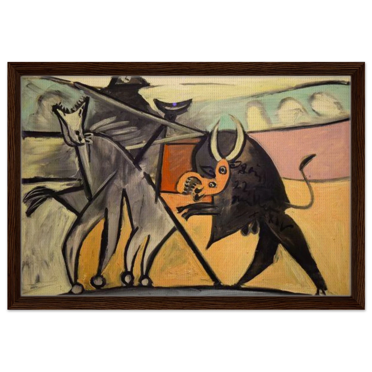 Bullfight | Pablo Picasso – A Masterpiece of Cubism & Expressionism - 40x60 cm / 16x24″ - Framed Canvas - Dark wood frame
