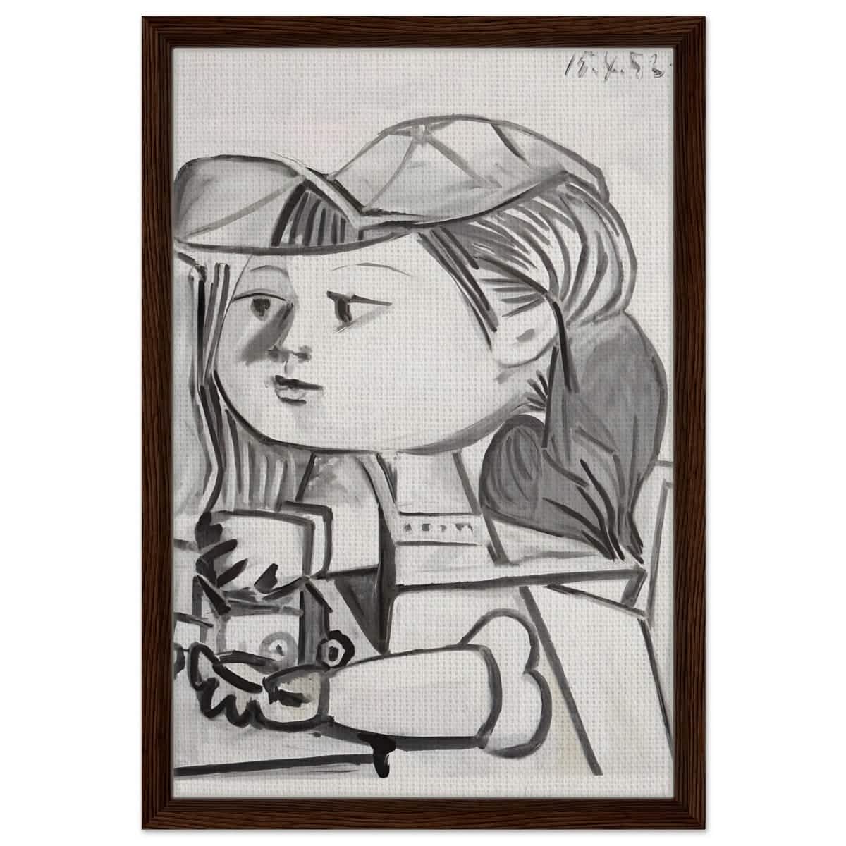 Buste De Petite Fille Black by Pablo Picasso | Cubism wall art print - Framed Canvas - 40x60 cm / 16x24″ - Dark wood frame