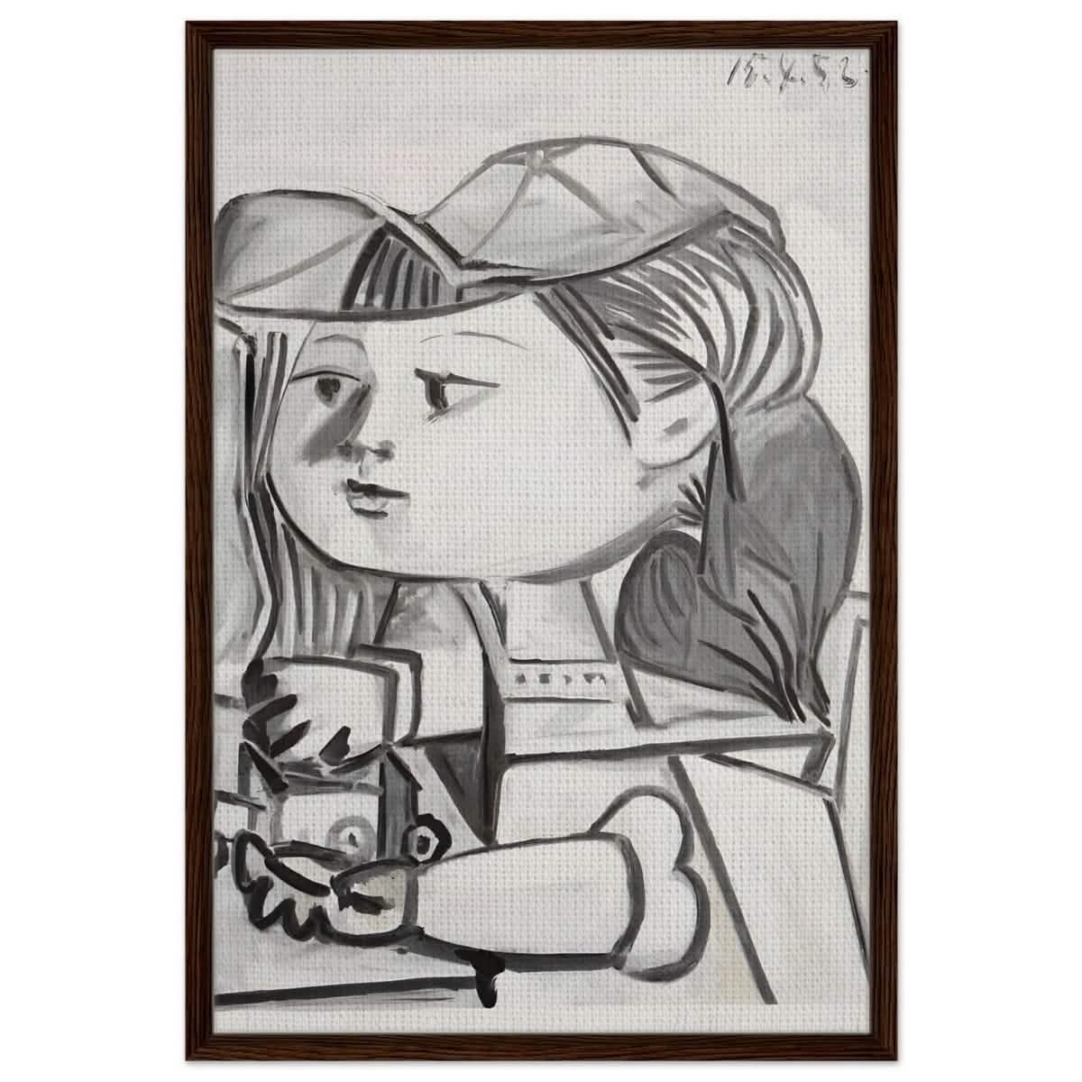 Buste De Petite Fille Black by Pablo Picasso | Cubism wall art print - Framed Canvas - 60x90 cm / 24x36″ - Dark wood frame