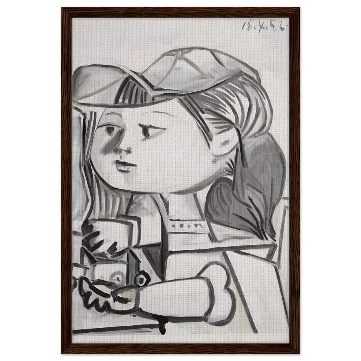 Buste De Petite Fille Black by Pablo Picasso | Cubism wall art print - Framed Canvas - 50x75 cm / 20x30″ - Dark wood frame