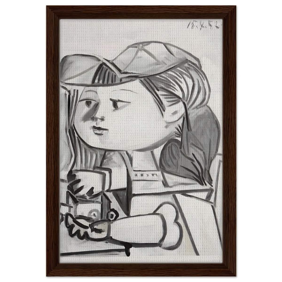 Buste De Petite Fille Black by Pablo Picasso | Cubism wall art print - Framed Canvas - 30x45 cm / 12x18″ - Dark wood frame