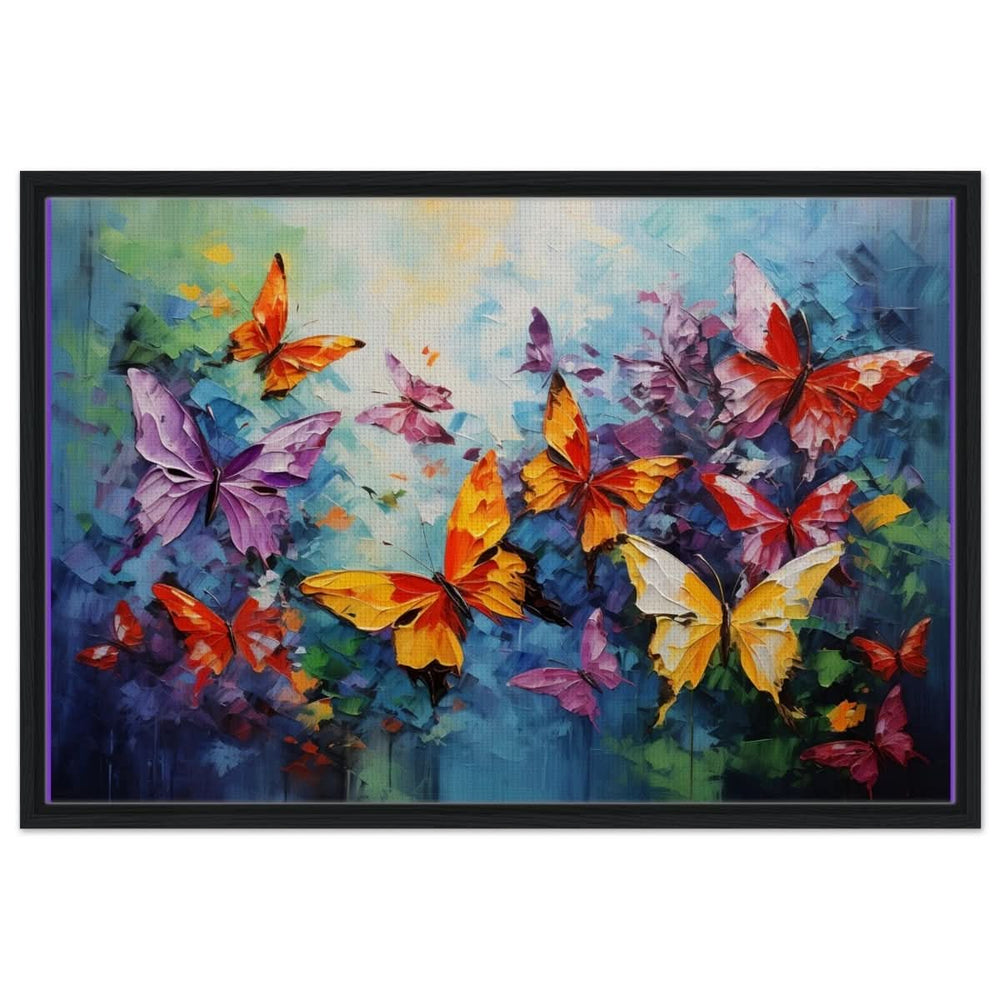 Butterfly Symphony | Contemporary Figurative Wildlife Art | Abstract Realism with Butterflies - Framed Canvas - 30x45 cm / 12x18″ - Black frame
