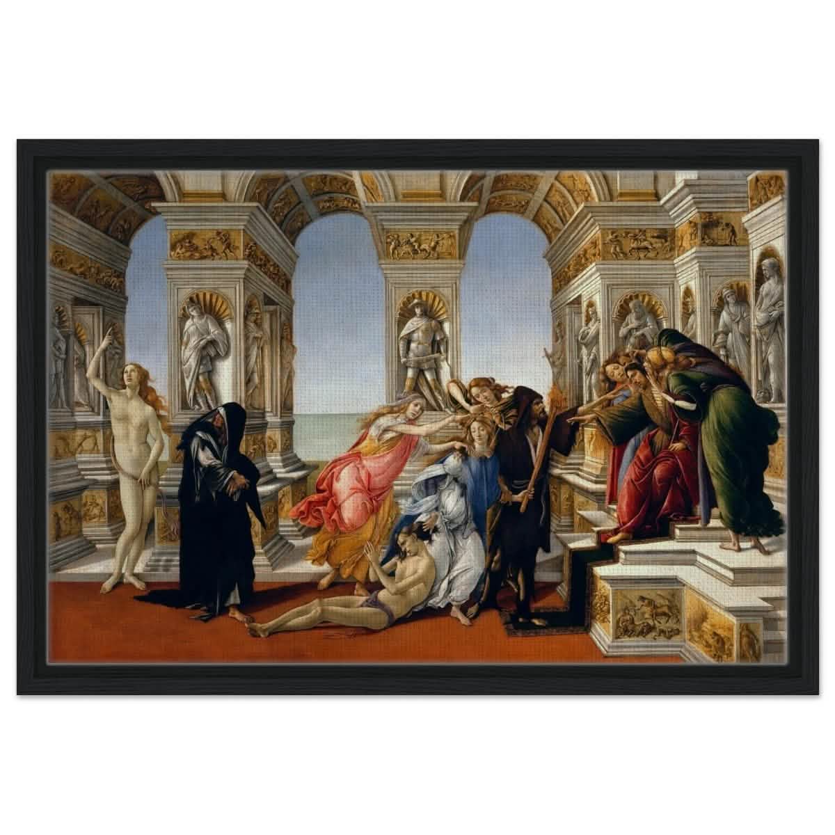 Calumny of Apelles by Sandro Botticelli 1495 | Vintage Art wall art print - Framed Canvas - 40x60 cm / 16x24″ - Black frame