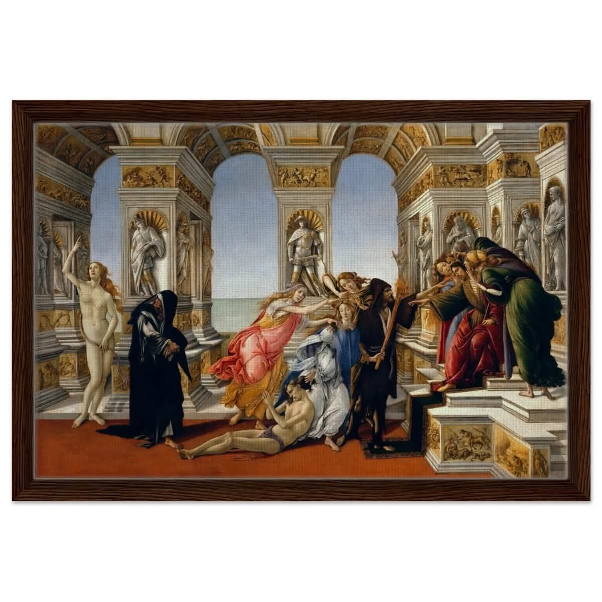 Calumny of Apelles by Sandro Botticelli 1495 | Vintage Art wall art print - Framed Canvas - 40x60 cm / 16x24″ - Dark wood frame