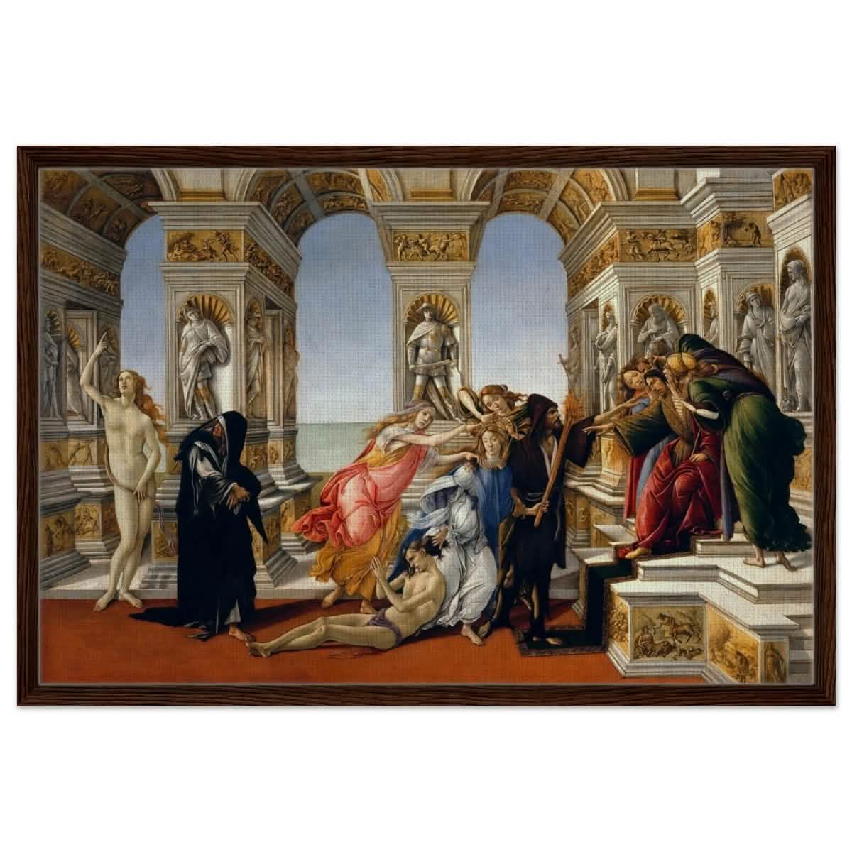 Calumny of Apelles by Sandro Botticelli 1495 | Vintage Art wall art print - Framed Canvas - 60x90 cm / 24x36″ - Dark wood frame